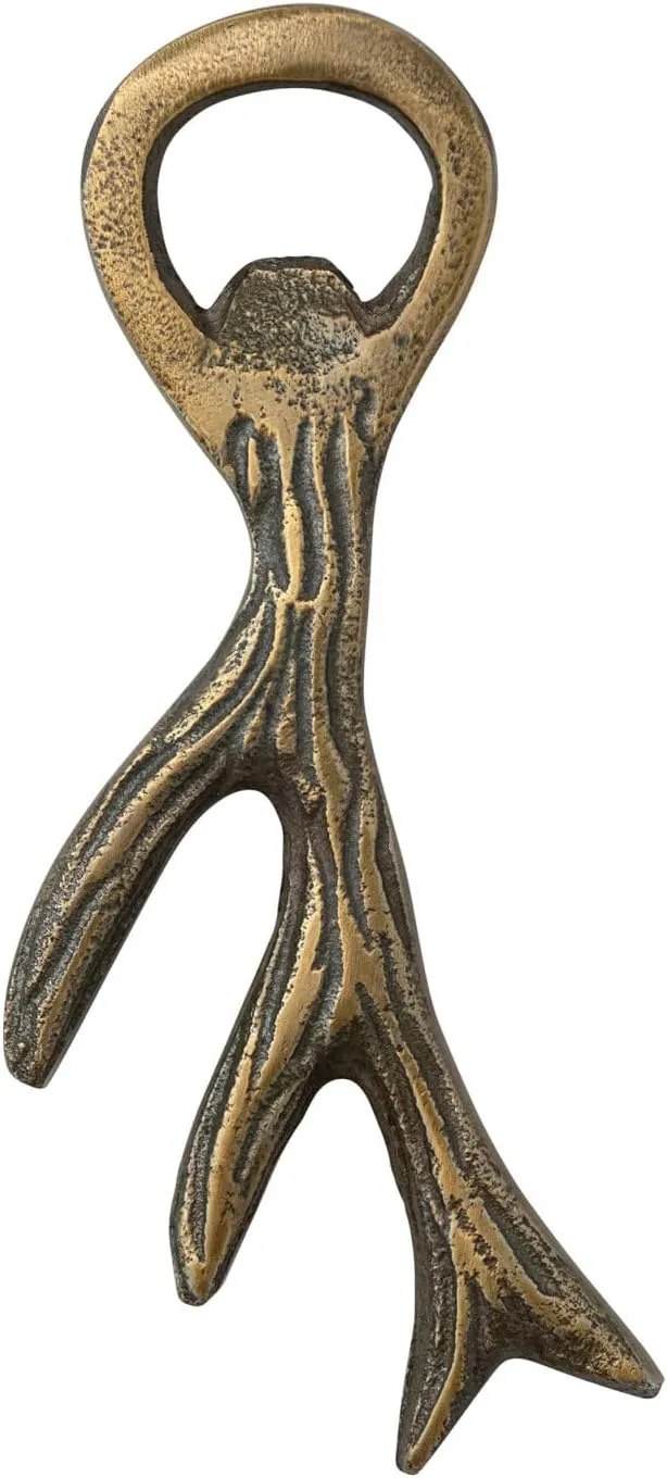 6" L Cast Aluminum Antler Bottle Opener, Antique Gold Finish