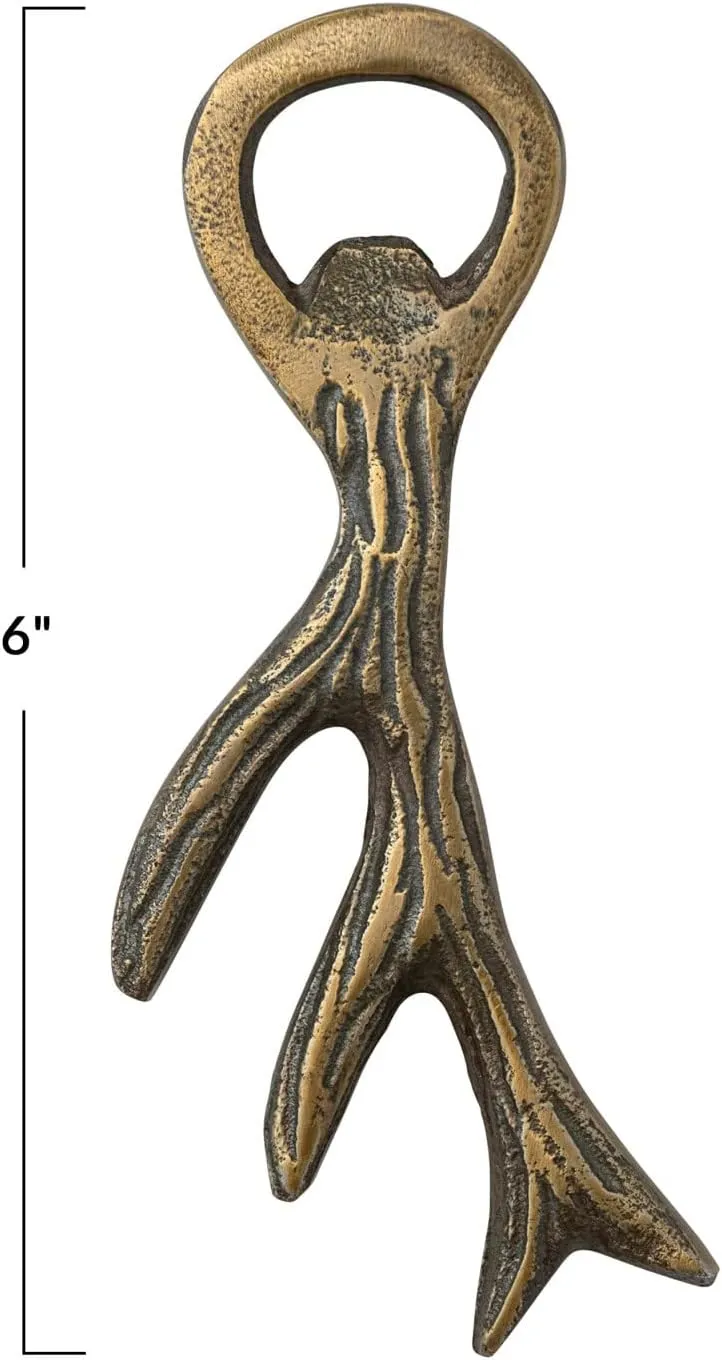 6" L Cast Aluminum Antler Bottle Opener, Antique Gold Finish