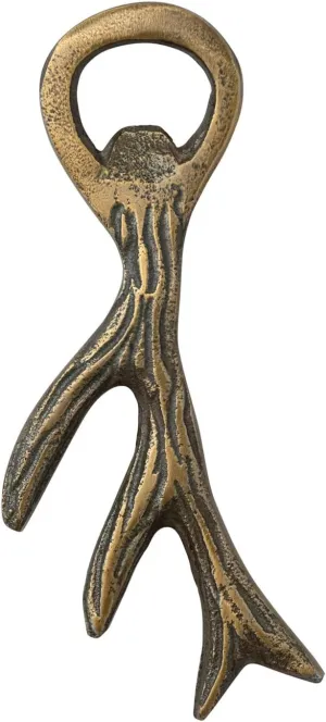 6" L Cast Aluminum Antler Bottle Opener, Antique Gold Finish