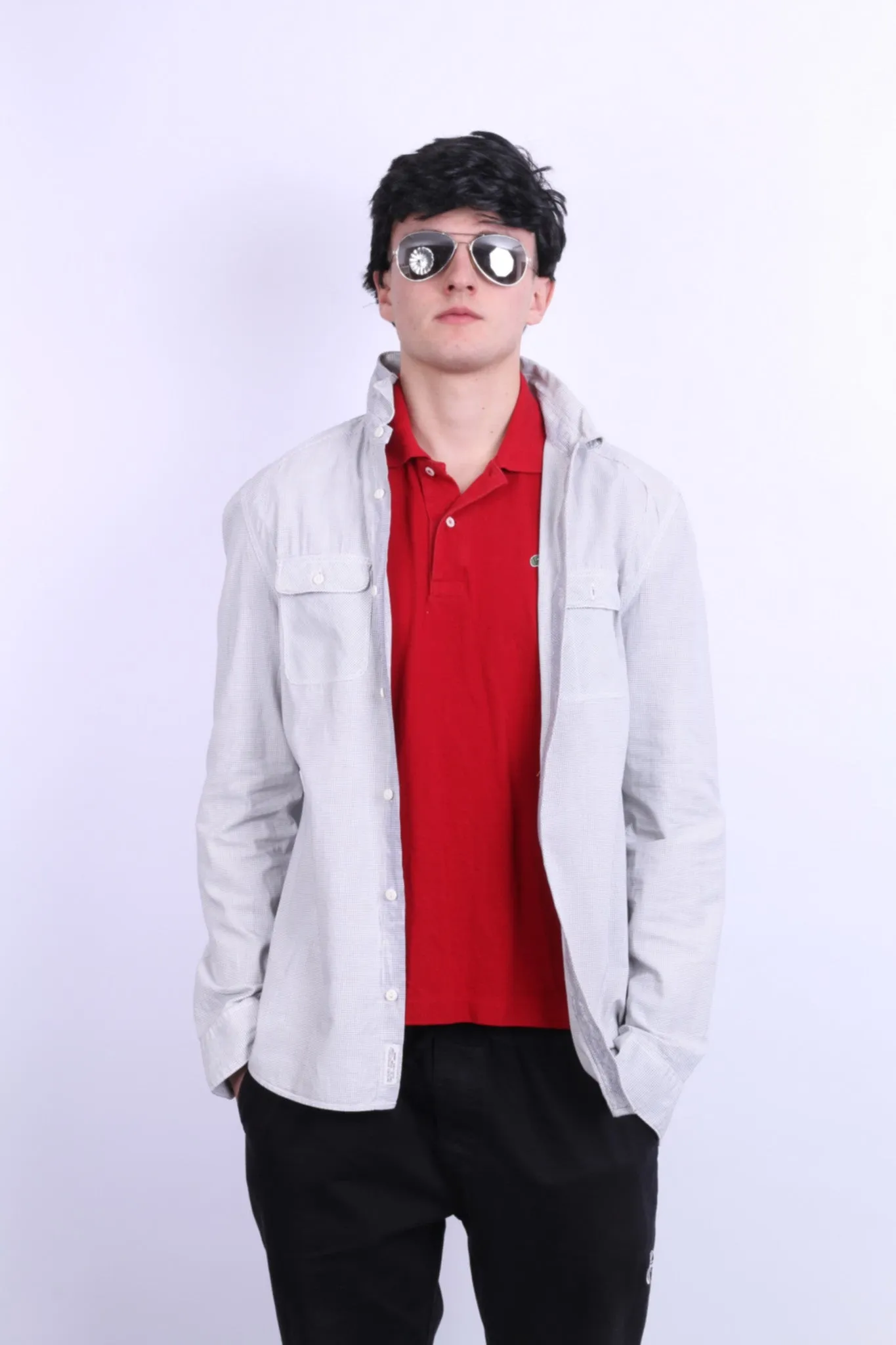 All Saints Mens L Casual Shirt Check White Grey Cotton Long Sleeve