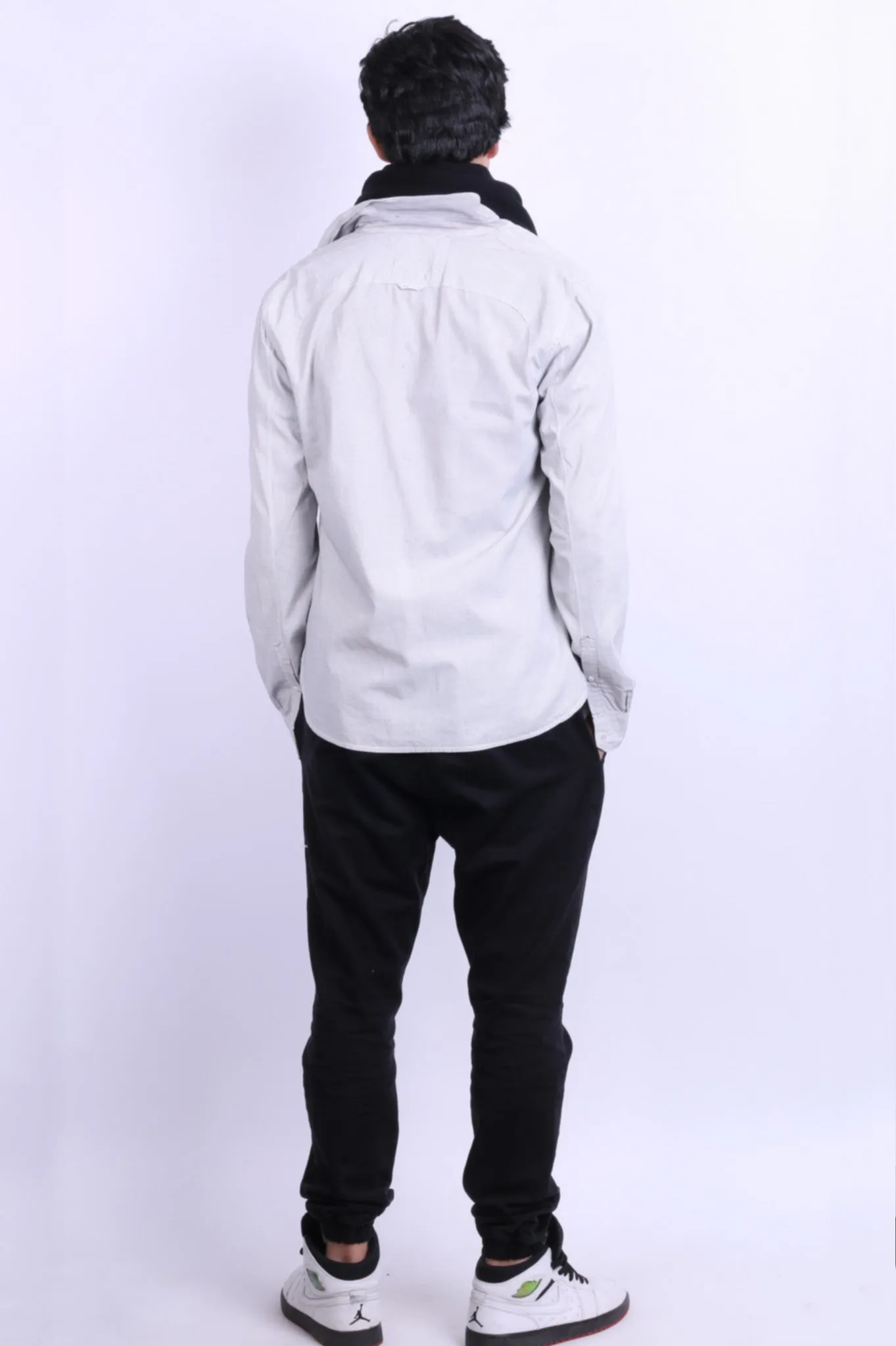 All Saints Mens L Casual Shirt Check White Grey Cotton Long Sleeve