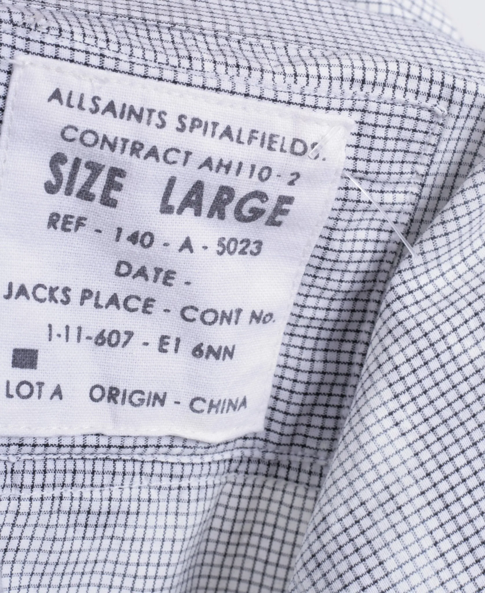All Saints Mens L Casual Shirt Check White Grey Cotton Long Sleeve