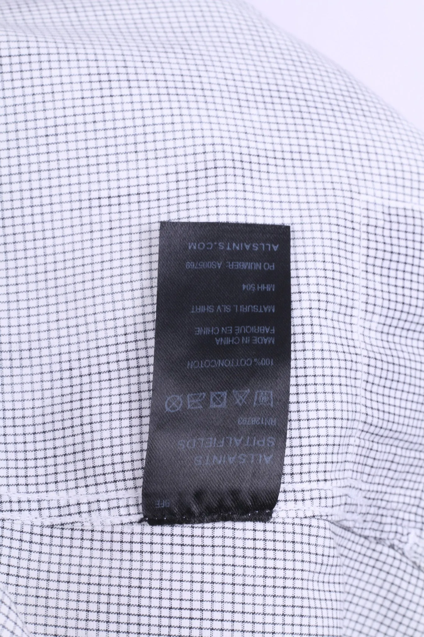 All Saints Mens L Casual Shirt Check White Grey Cotton Long Sleeve