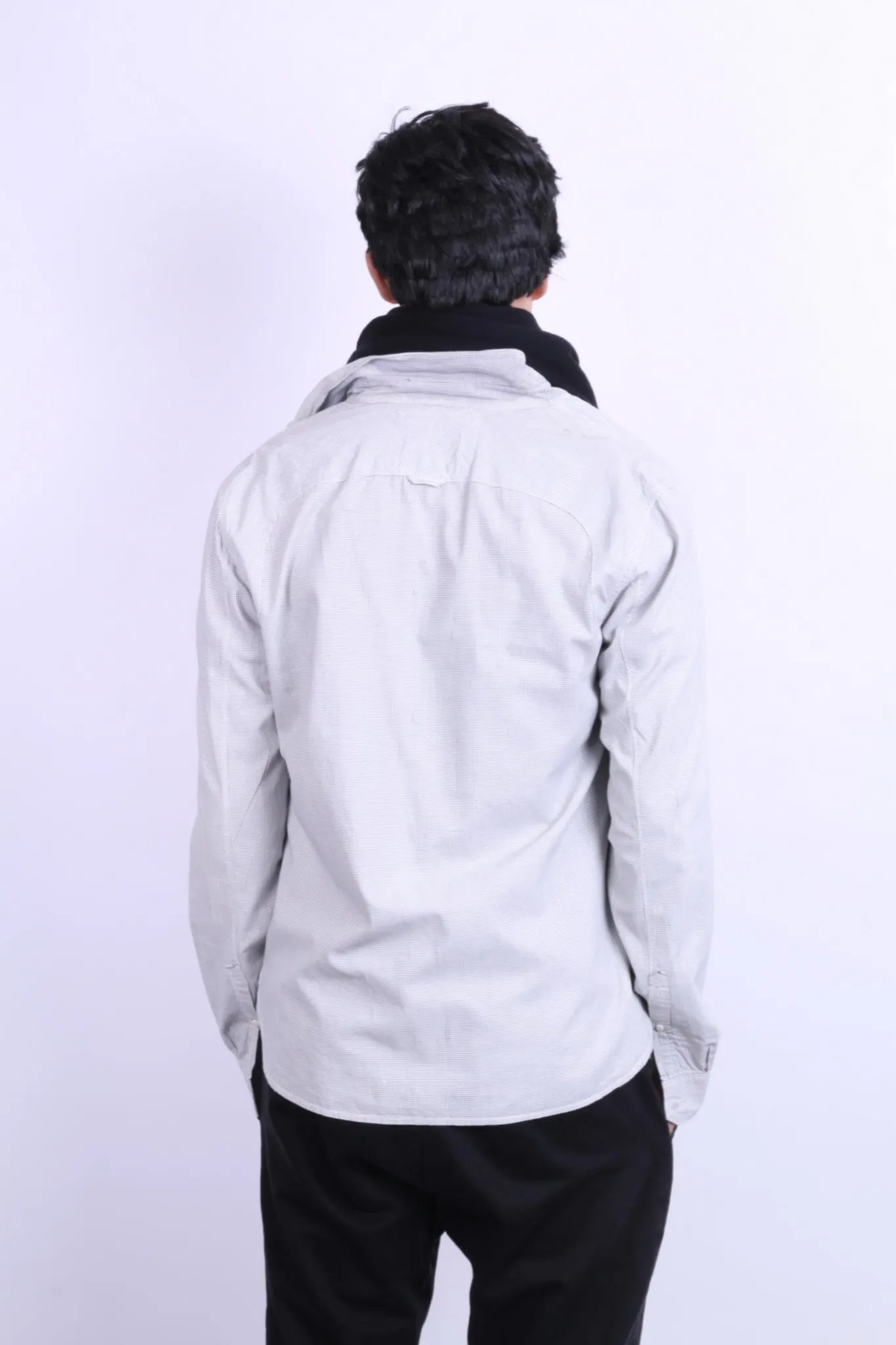 All Saints Mens L Casual Shirt Check White Grey Cotton Long Sleeve