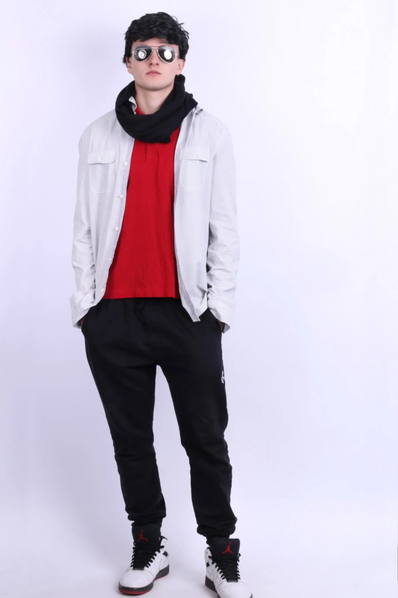 All Saints Mens L Casual Shirt Check White Grey Cotton Long Sleeve