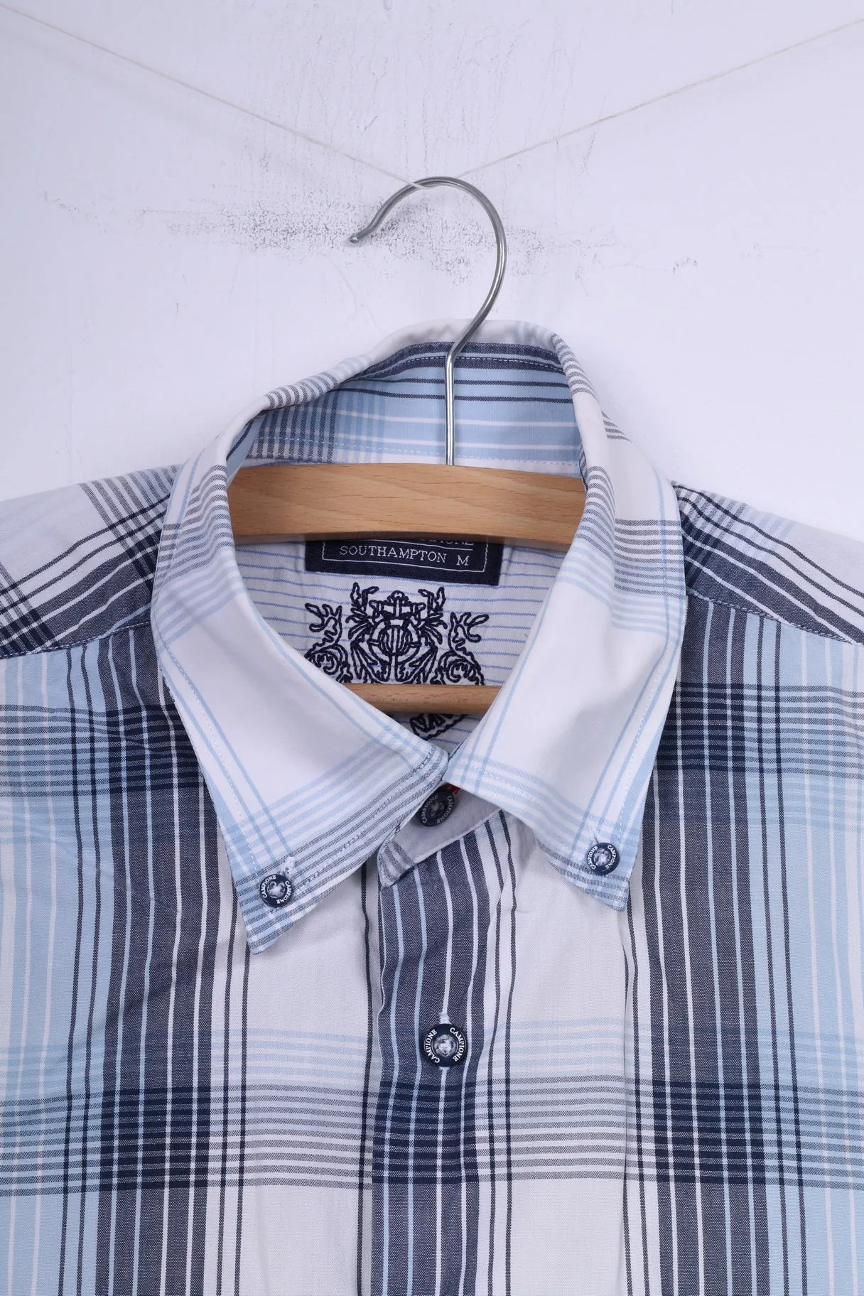Claudio Campione Southampton Mens M Casual Shirt Blue Check Short Sleeve Cotton Button Down Collar