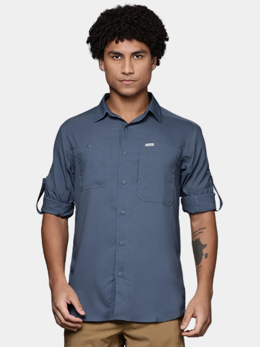 Columbia Men Navy Blue Omni-Shade Silver Ridge Utility Lite Long Sleeve Shirt
