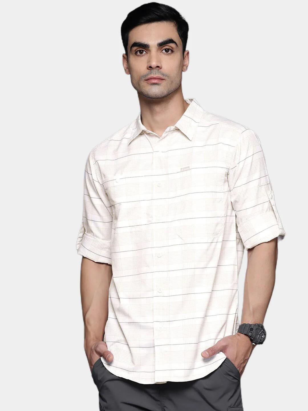 Columbia Men White Omni-Shade Silver Ridge Utility Lite Plaid Long Sleeve Shirt