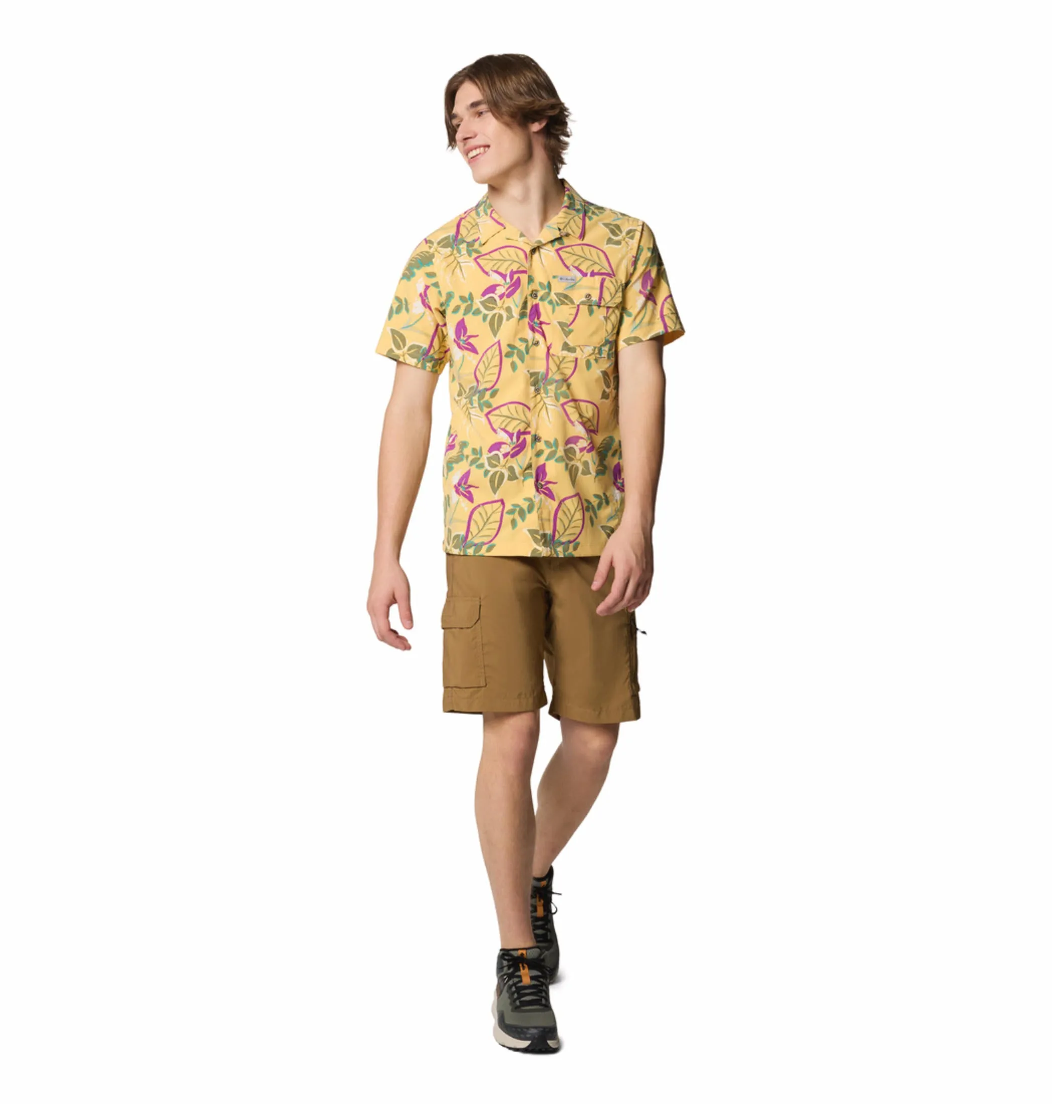 Columbia Men Yellow Omni-Shade Tech Trail Utility Printed Woven Short Sleeve Shirt