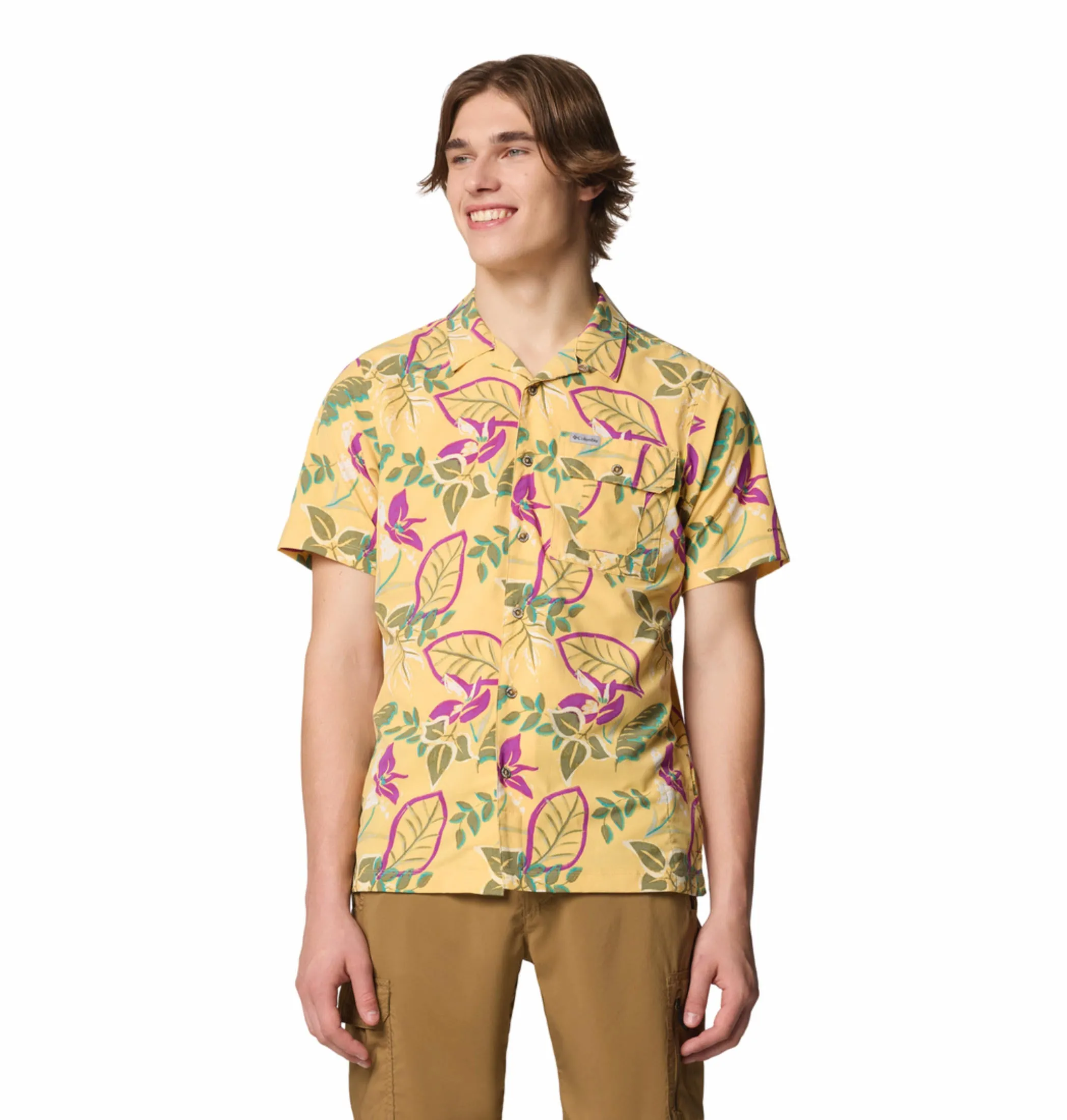 Columbia Men Yellow Omni-Shade Tech Trail Utility Printed Woven Short Sleeve Shirt