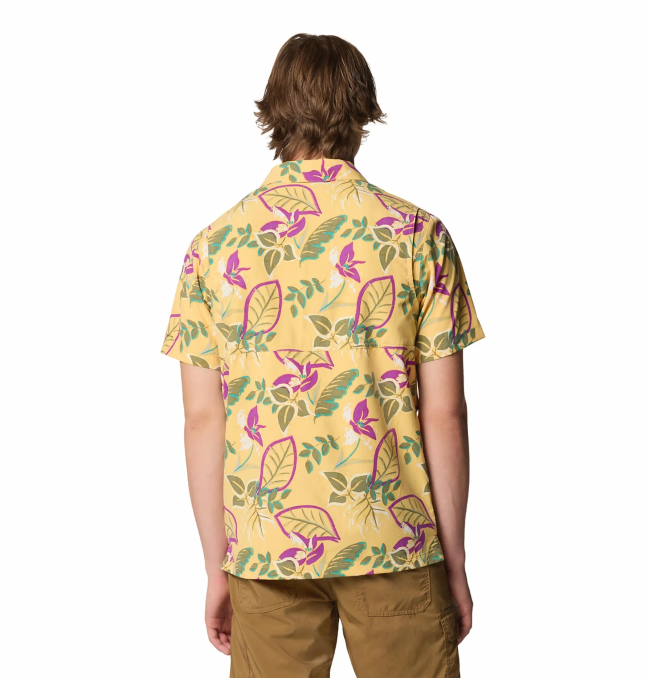 Columbia Men Yellow Omni-Shade Tech Trail Utility Printed Woven Short Sleeve Shirt