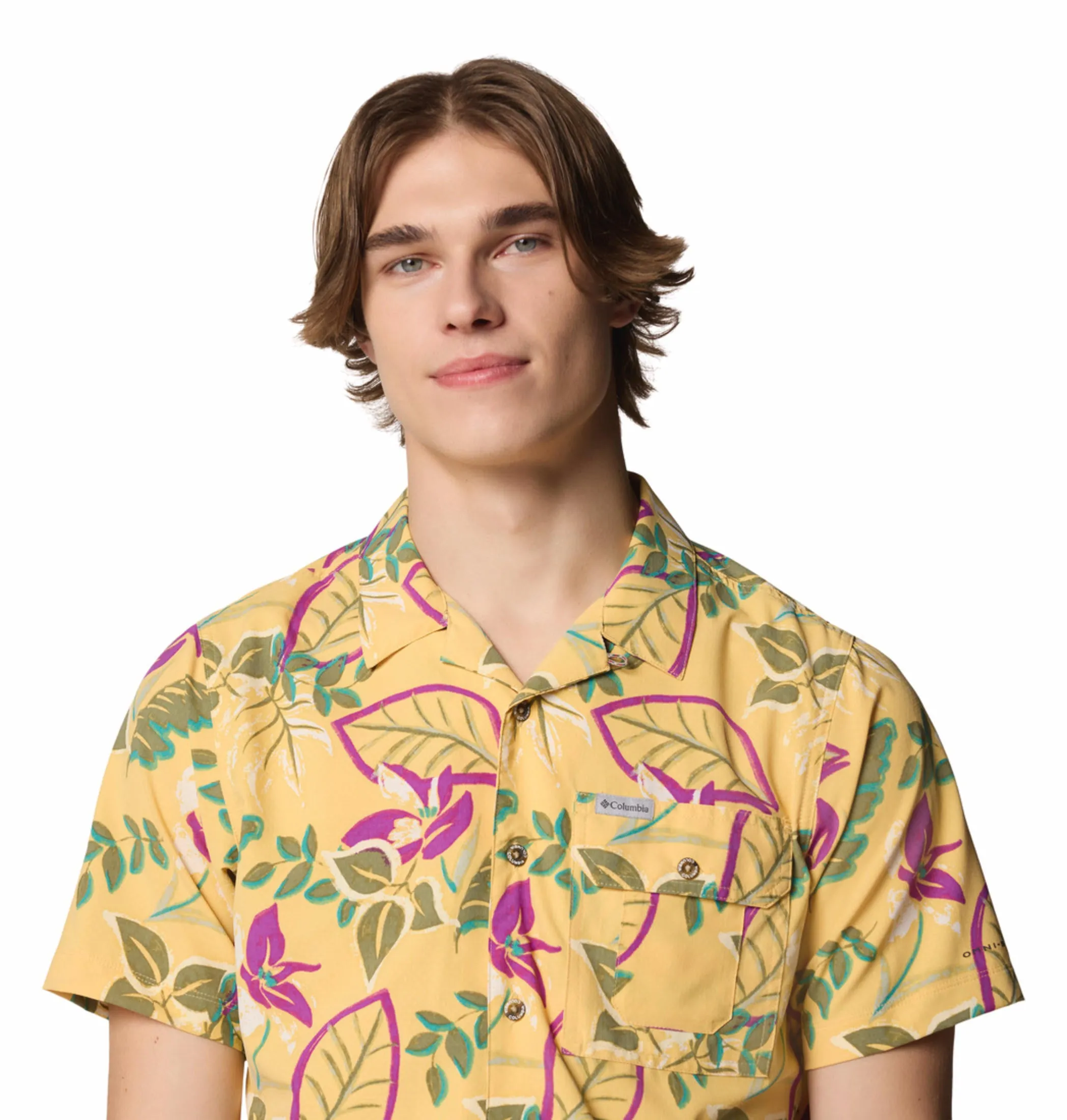 Columbia Men Yellow Omni-Shade Tech Trail Utility Printed Woven Short Sleeve Shirt