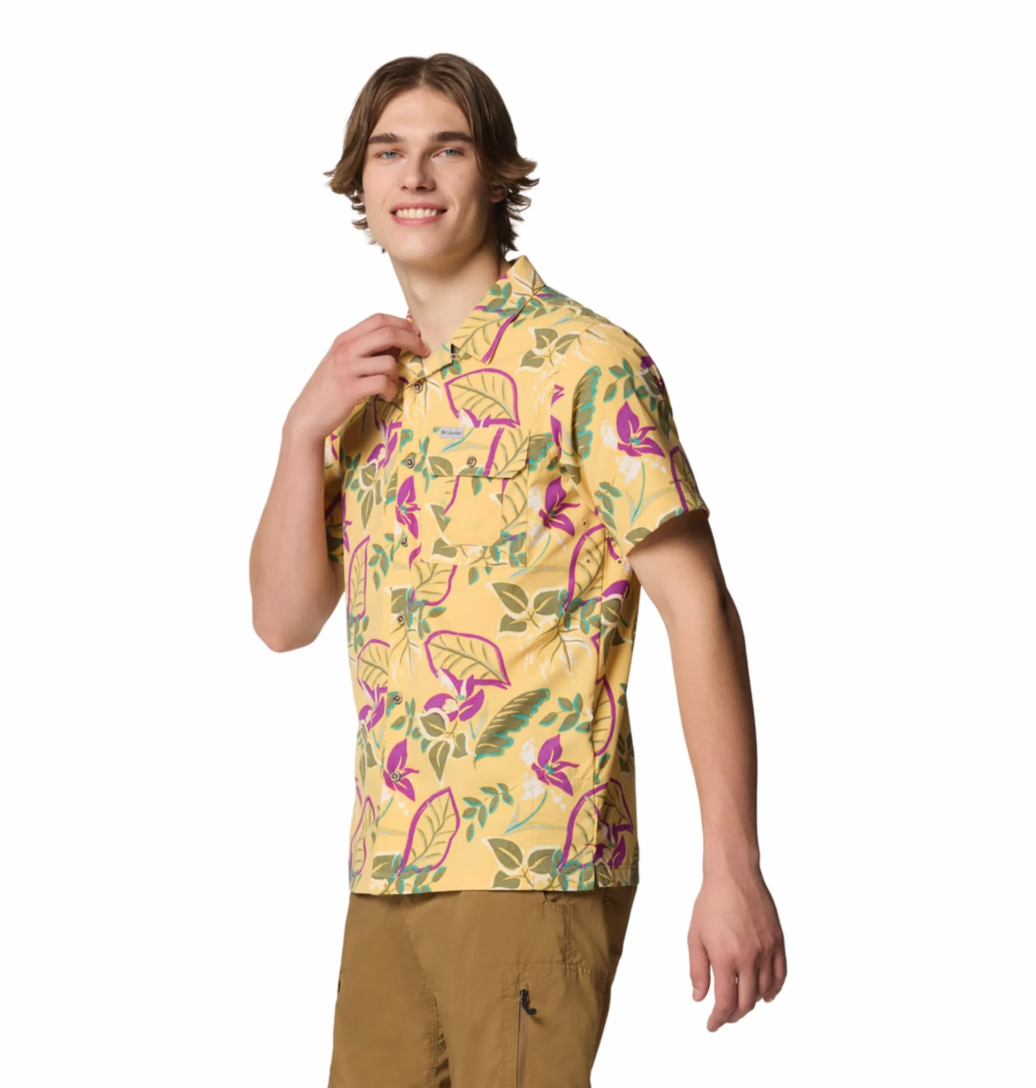 Columbia Men Yellow Omni-Shade Tech Trail Utility Printed Woven Short Sleeve Shirt