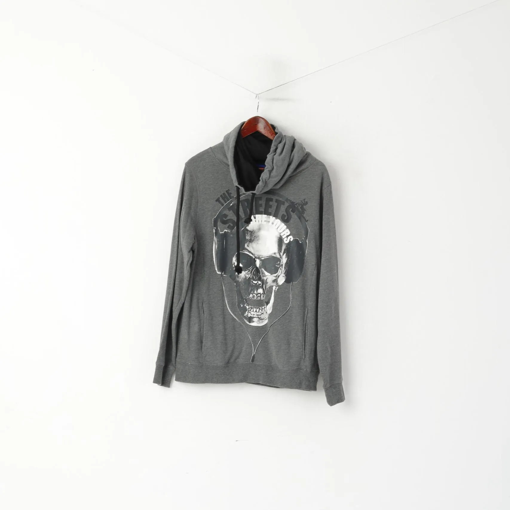 Coolcat Men L Sweatshirt Grey Cotton Turtle Neck Skull Graphic Gun Top
