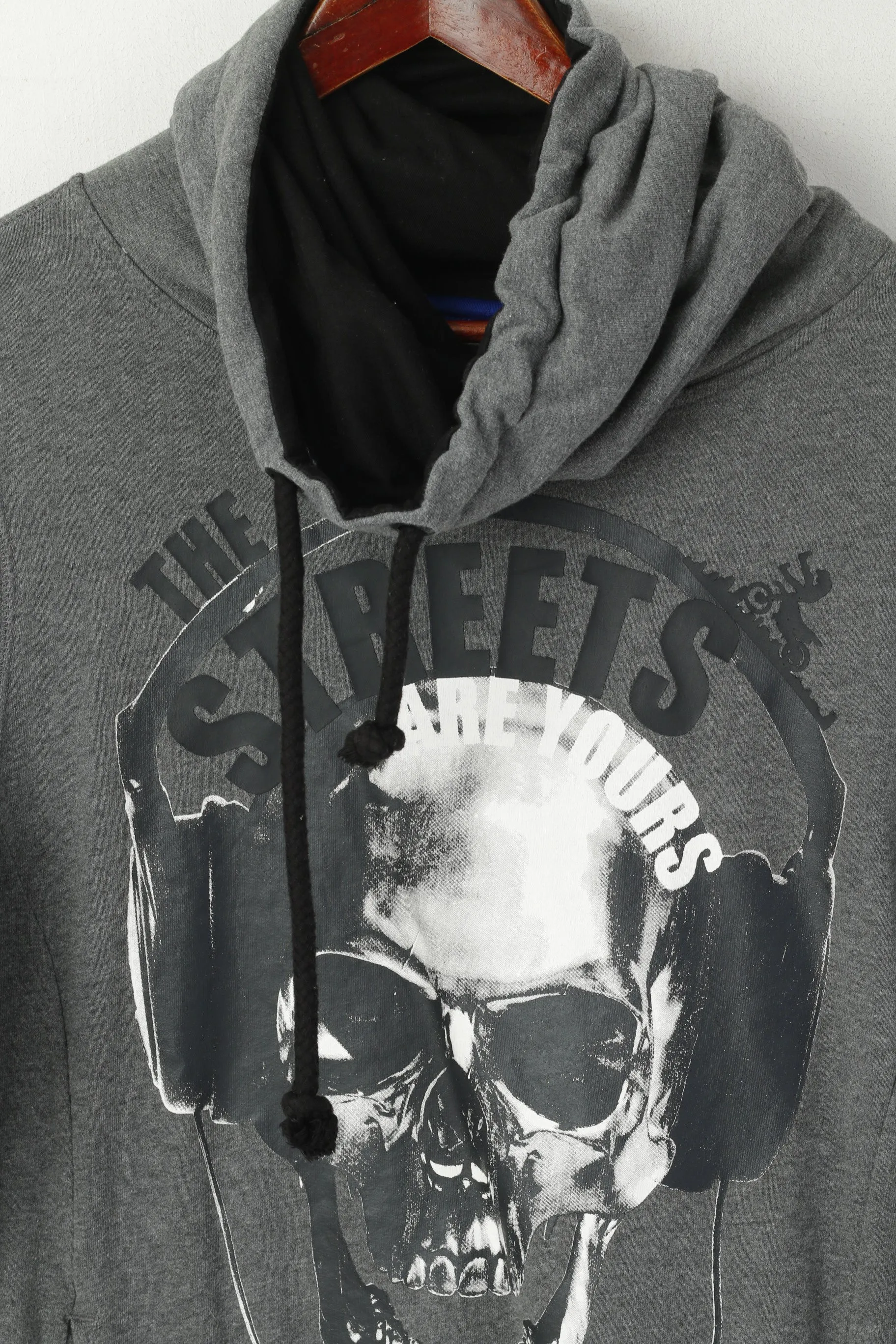 Coolcat Men L Sweatshirt Grey Cotton Turtle Neck Skull Graphic Gun Top