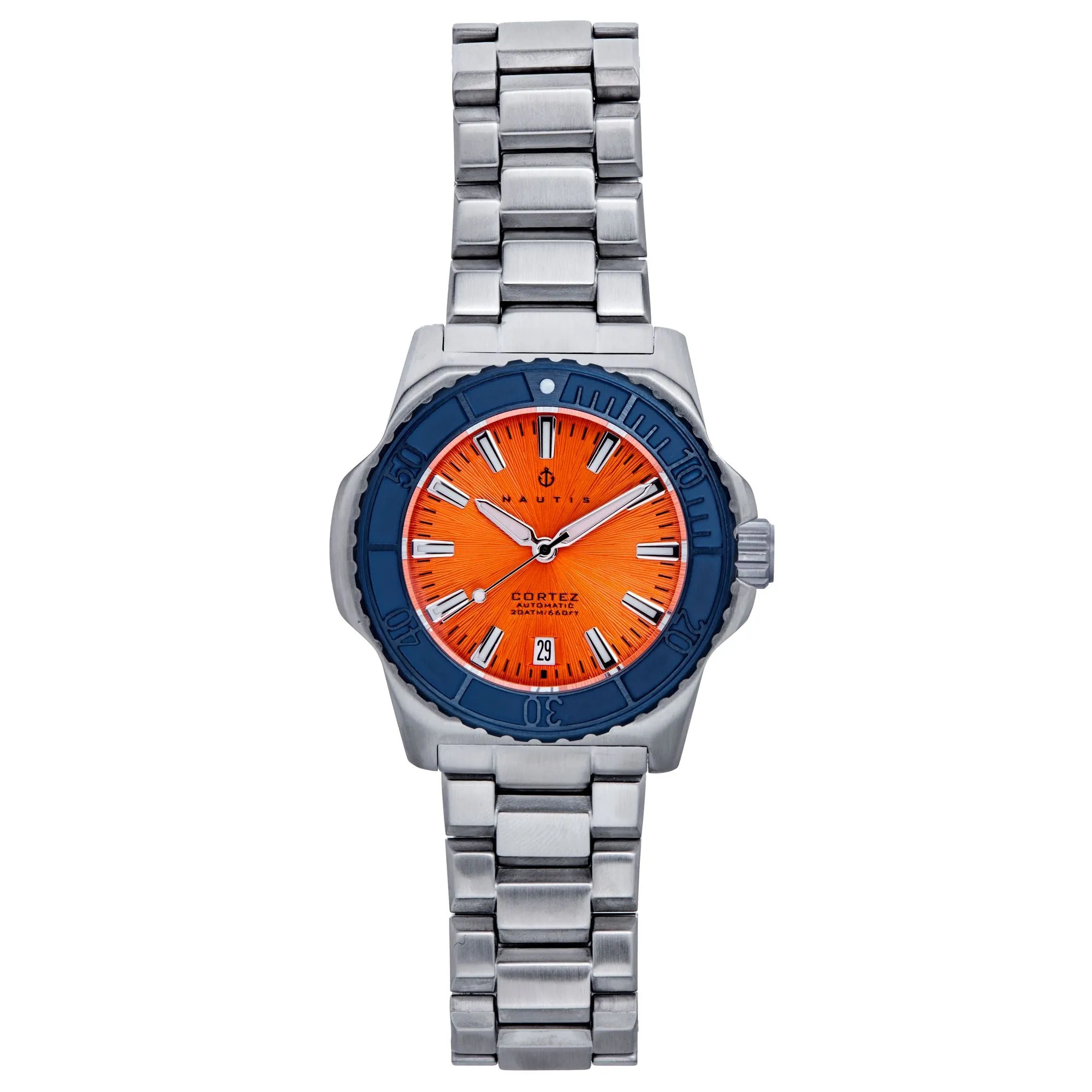 Cortez Automatic Bracelet Watch w/Date - Orange/Navy