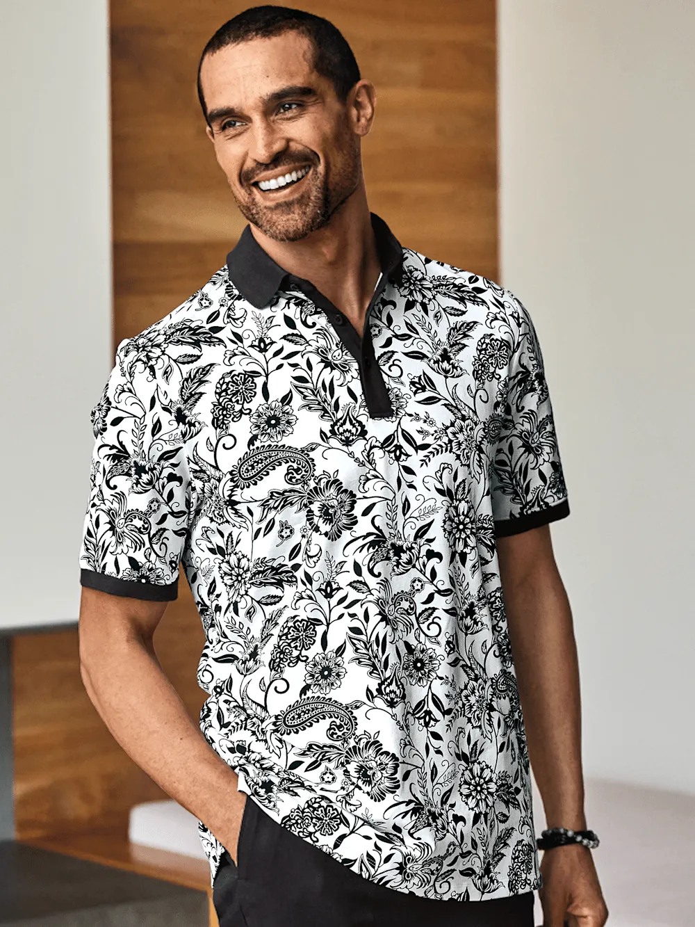Cotton Blend Three Button Polo - Black/white