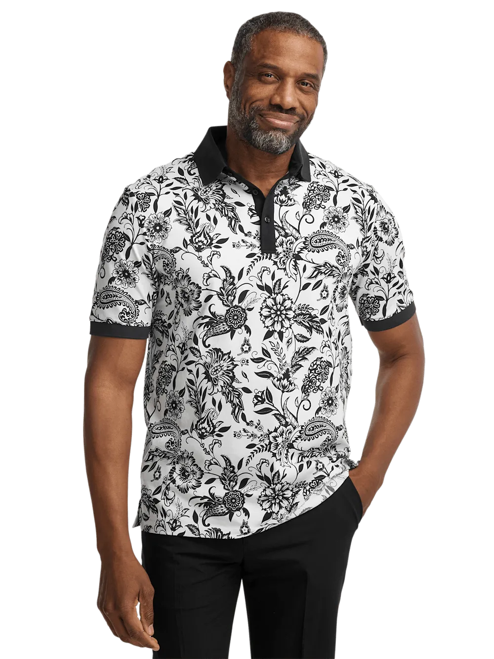 Cotton Blend Three Button Polo - Black/white