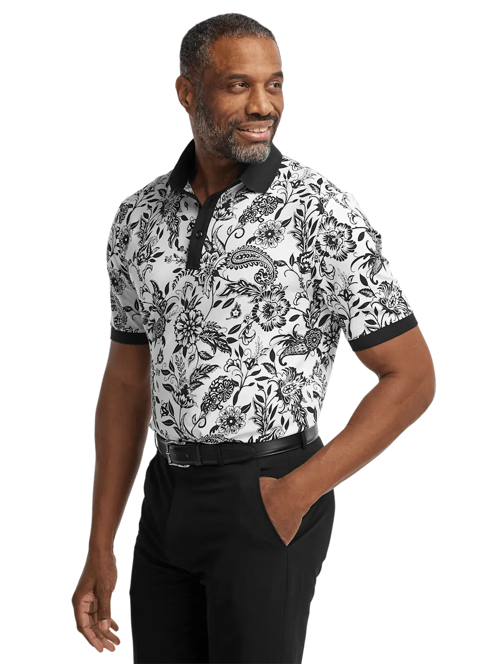 Cotton Blend Three Button Polo - Black/white