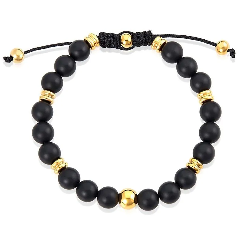 Crucible Los Angeles 8mm Matte Black Agate and Gold IP Stainless Steel Beads on Adjustable Cord Tie Bracelet