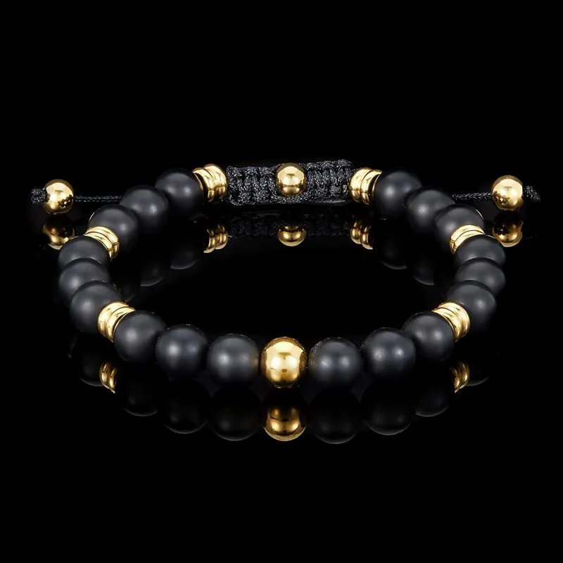 Crucible Los Angeles 8mm Matte Black Agate and Gold IP Stainless Steel Beads on Adjustable Cord Tie Bracelet