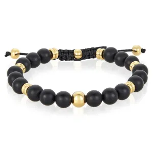 Crucible Los Angeles 8mm Matte Black Agate and Gold IP Stainless Steel Beads on Adjustable Cord Tie Bracelet