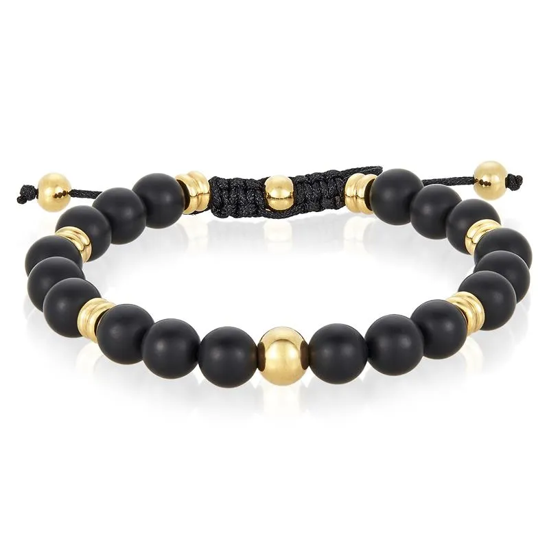 Crucible Los Angeles 8mm Matte Black Agate and Gold IP Stainless Steel Beads on Adjustable Cord Tie Bracelet