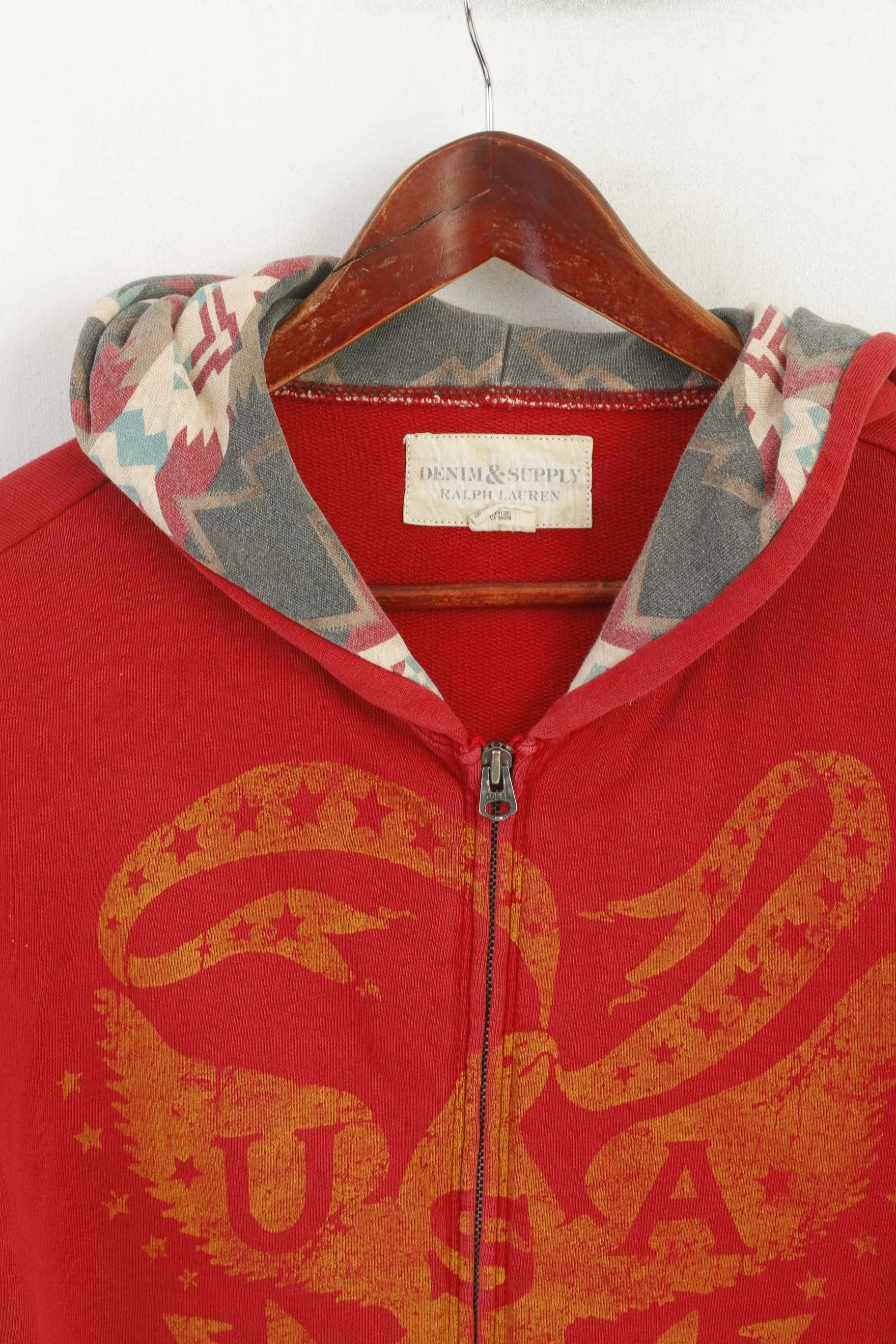 Denim & Supply Ralph Lauren Men M Sweatshirt Burgundy Cotton Aztec Hood USA Top
