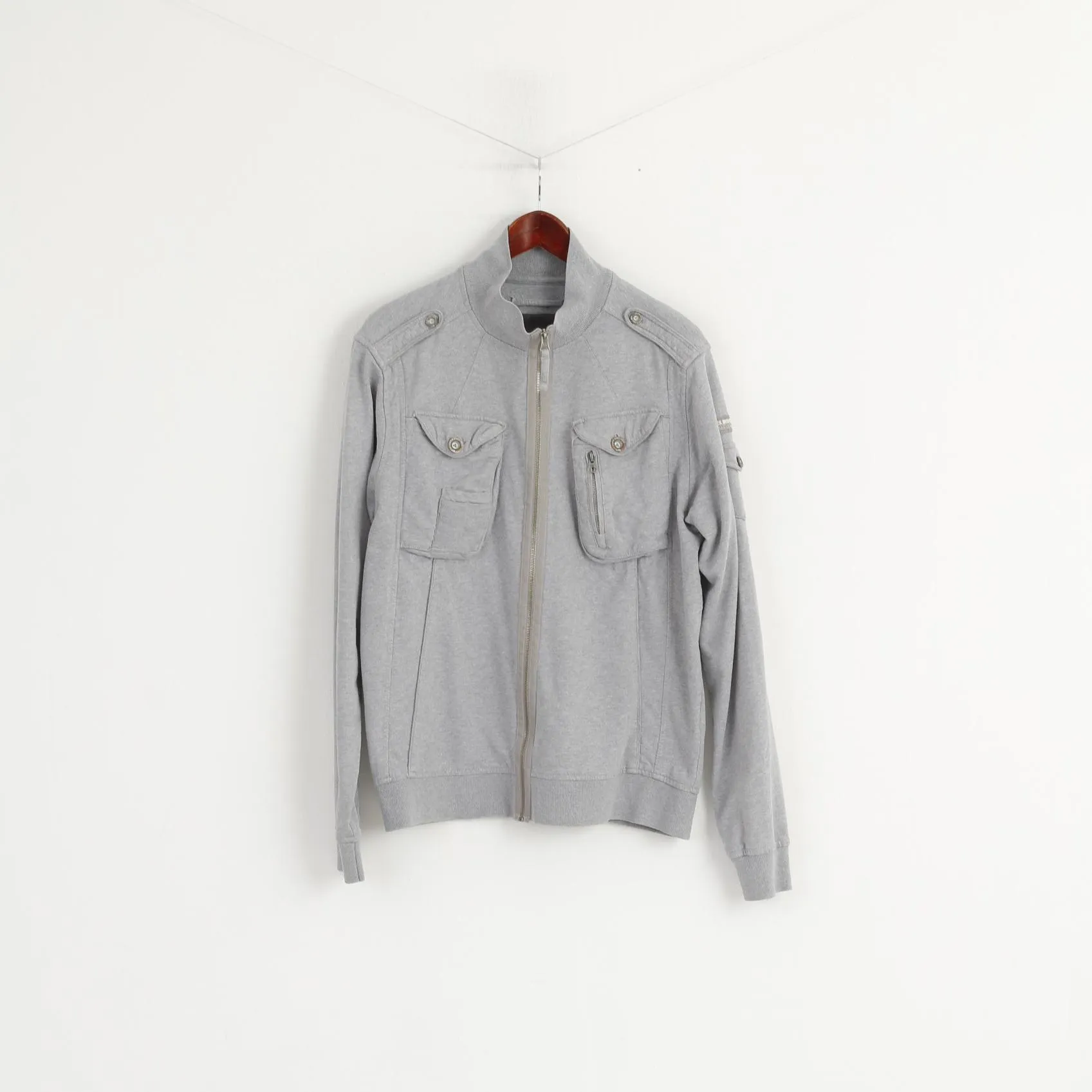 Duck and Cover Men XL (L) Sweatshirt Grey Cotton Noble Style Full Zipper Army Top