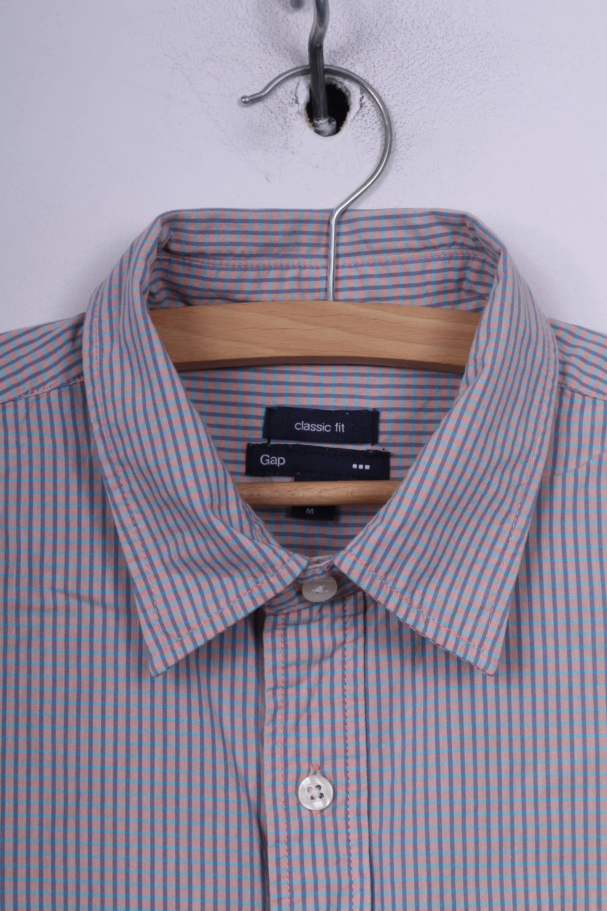 Gap Mens M Casual Shirt Short Sleeve Classic Fit Mini Check Tibtan Rose Summer Top