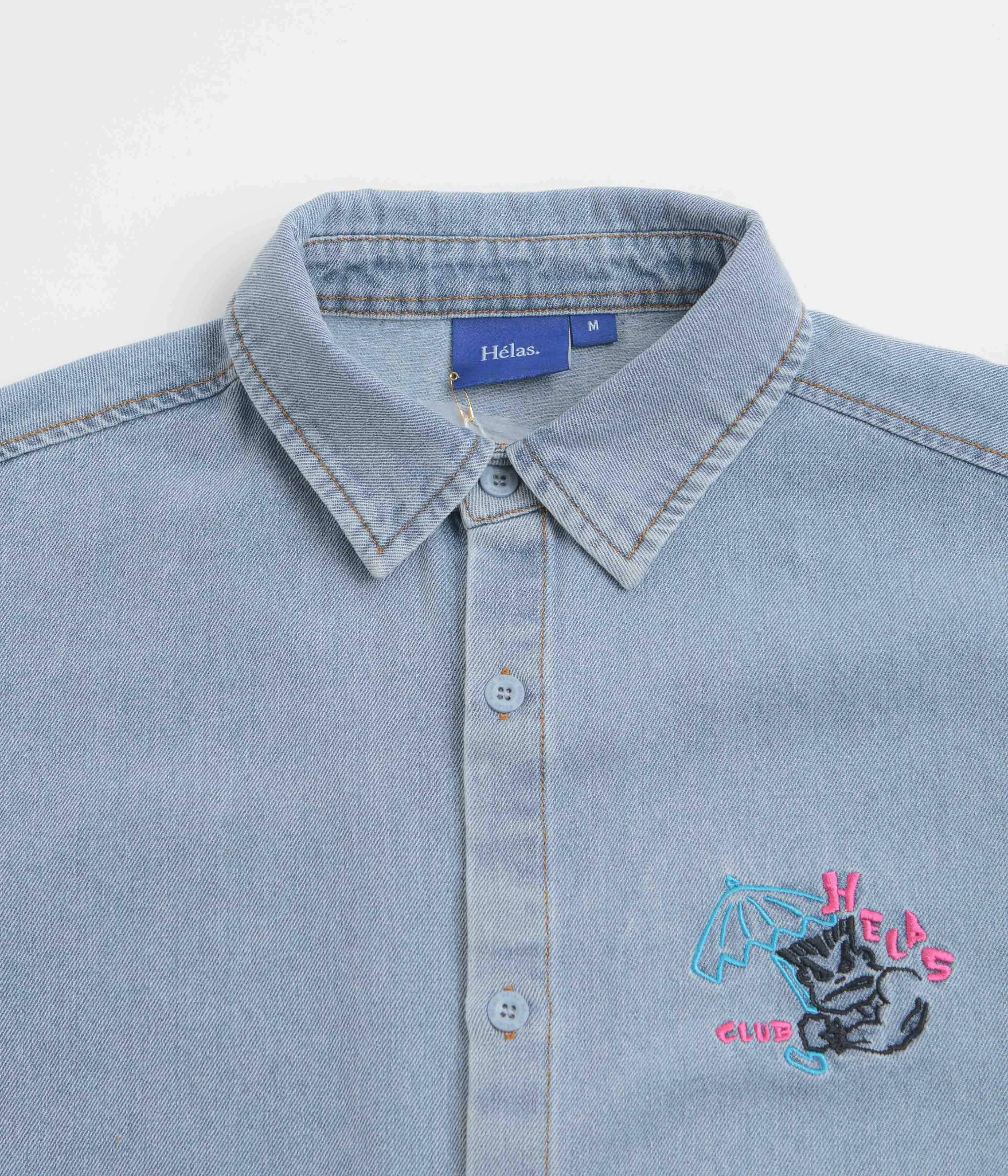 Helas Bad Washed Denim Short Sleeve Shirt - Light Blue