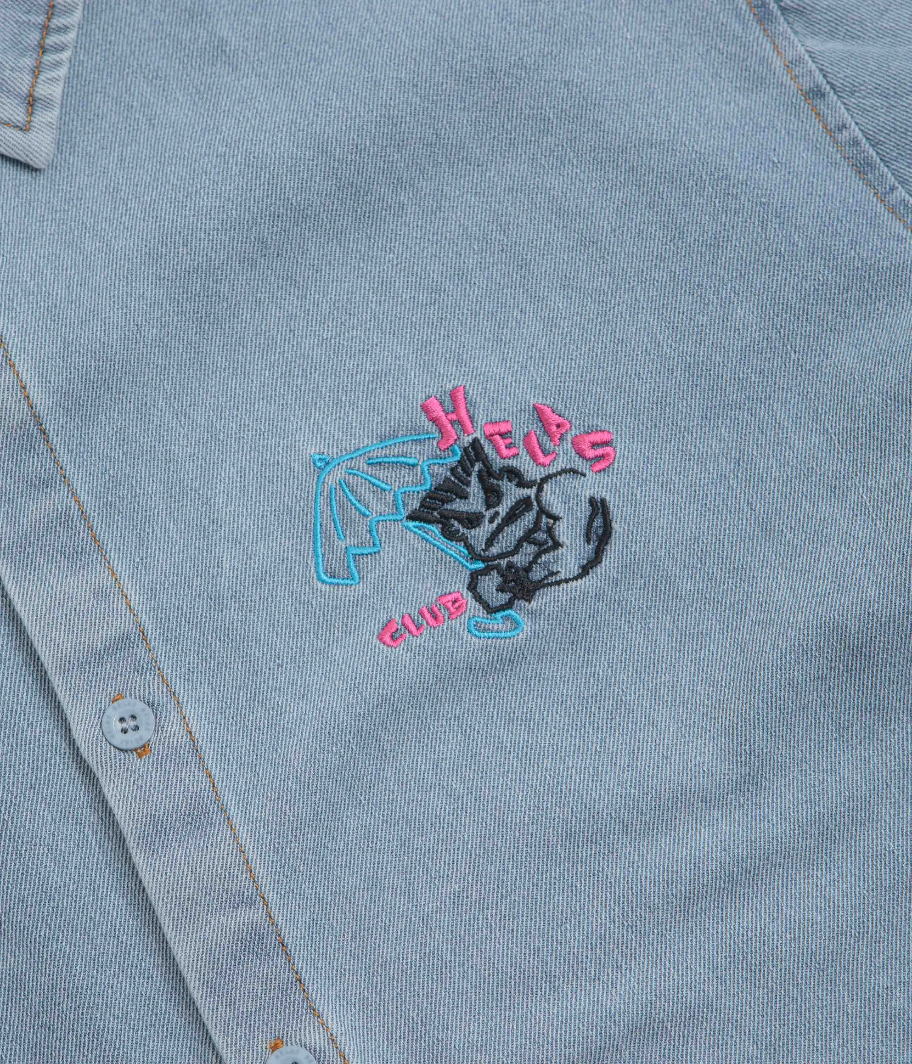 Helas Bad Washed Denim Short Sleeve Shirt - Light Blue