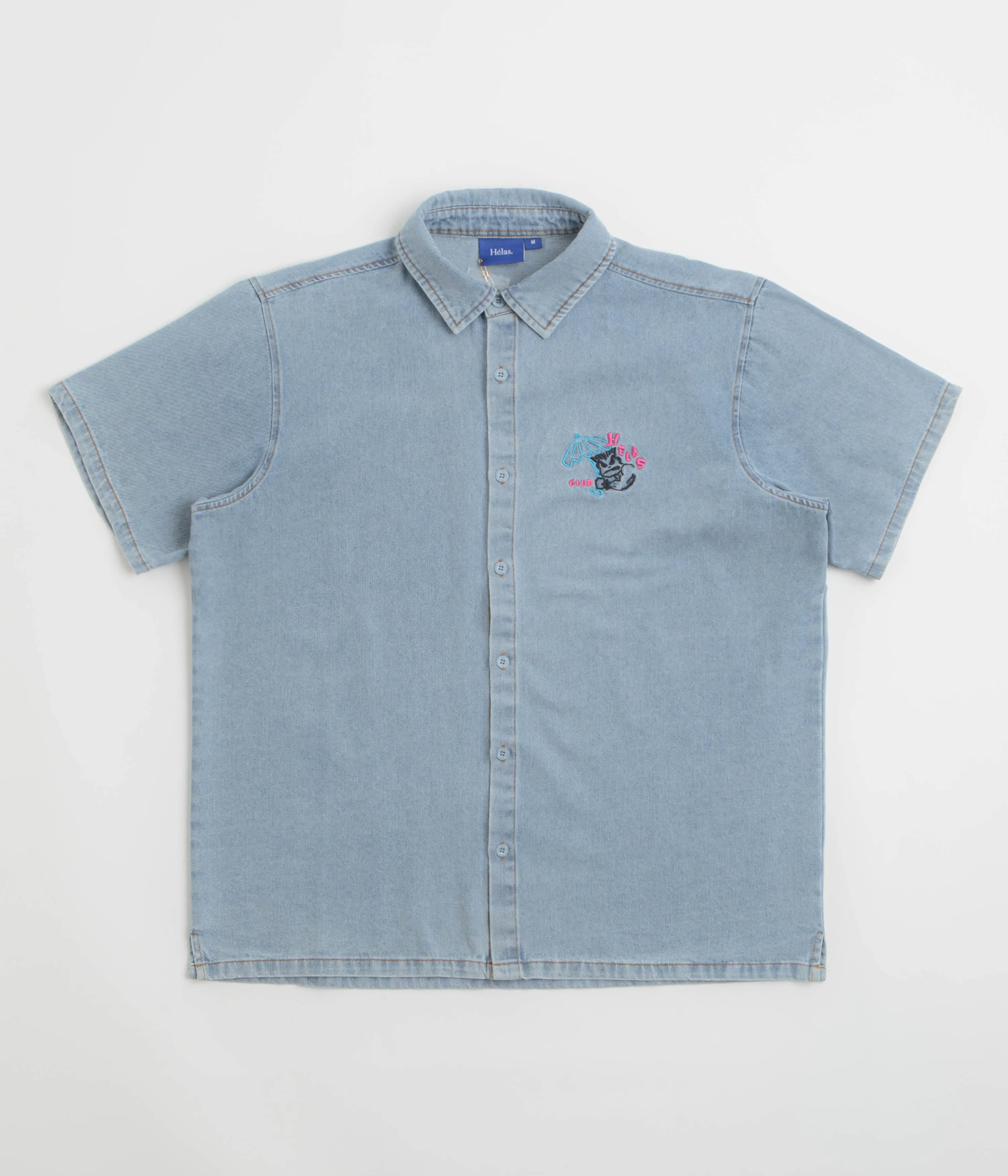 Helas Bad Washed Denim Short Sleeve Shirt - Light Blue