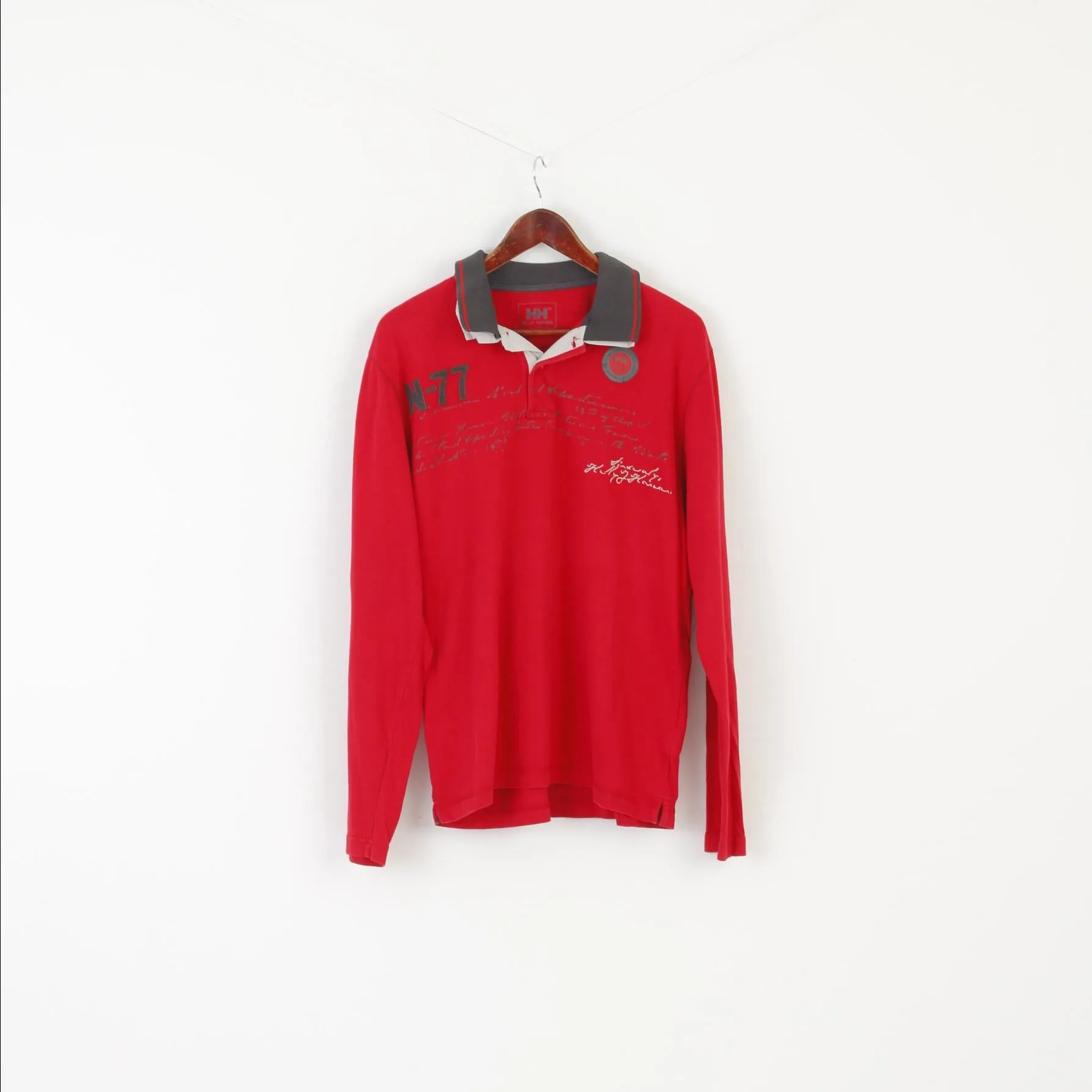 Helly Hansen Men L Polo Shirt Red Cotton Long Sleeved Vintage N-77 Top