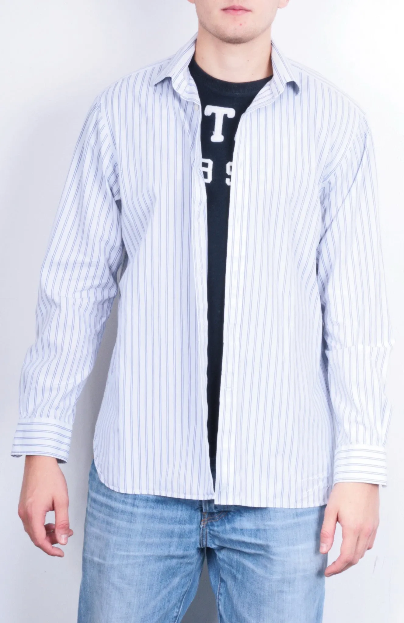 Jaeger London Mens 16.5 L XL Casual Shirt Striped White Cotton