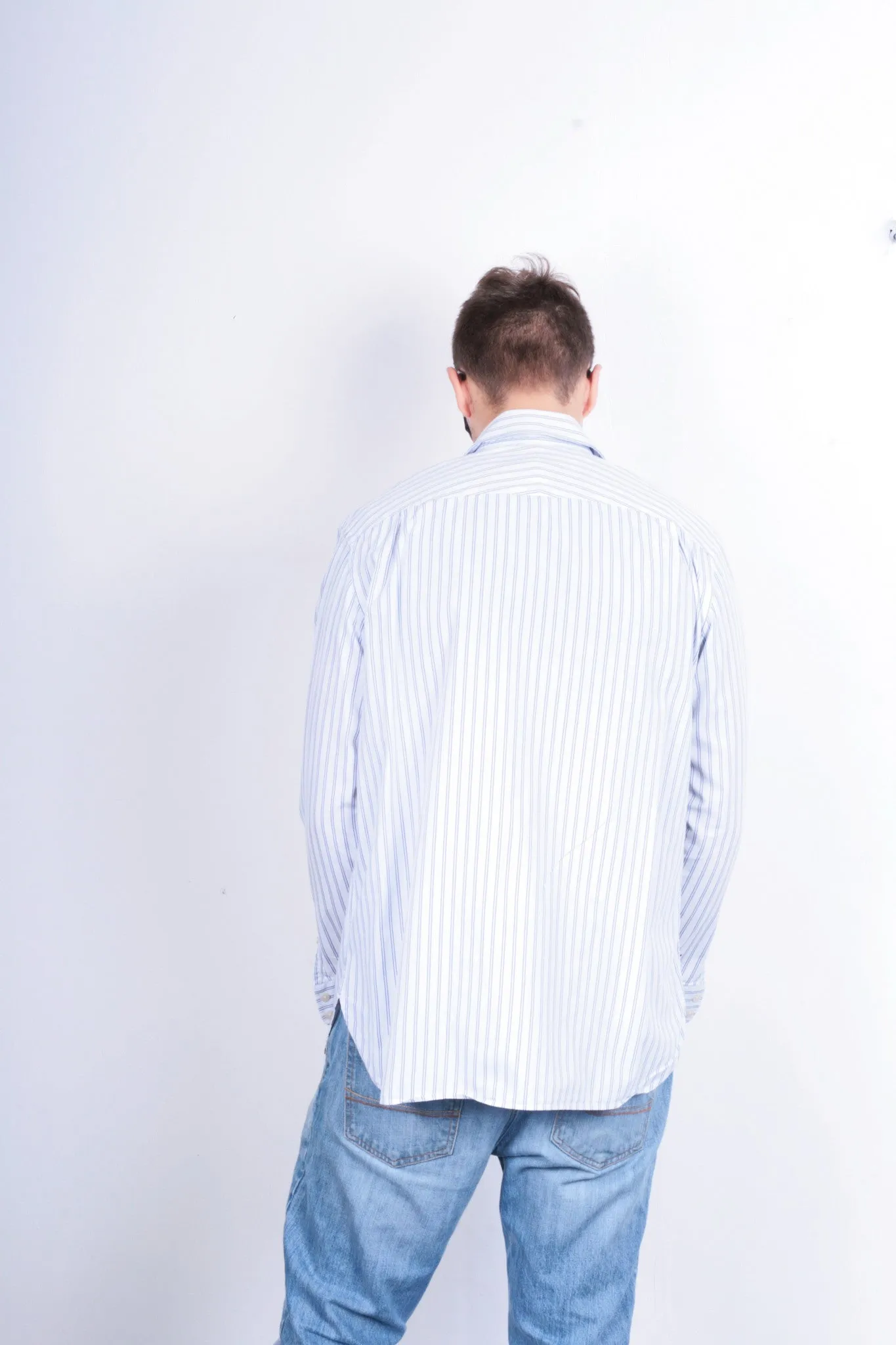 Jaeger London Mens 16.5 L XL Casual Shirt Striped White Cotton