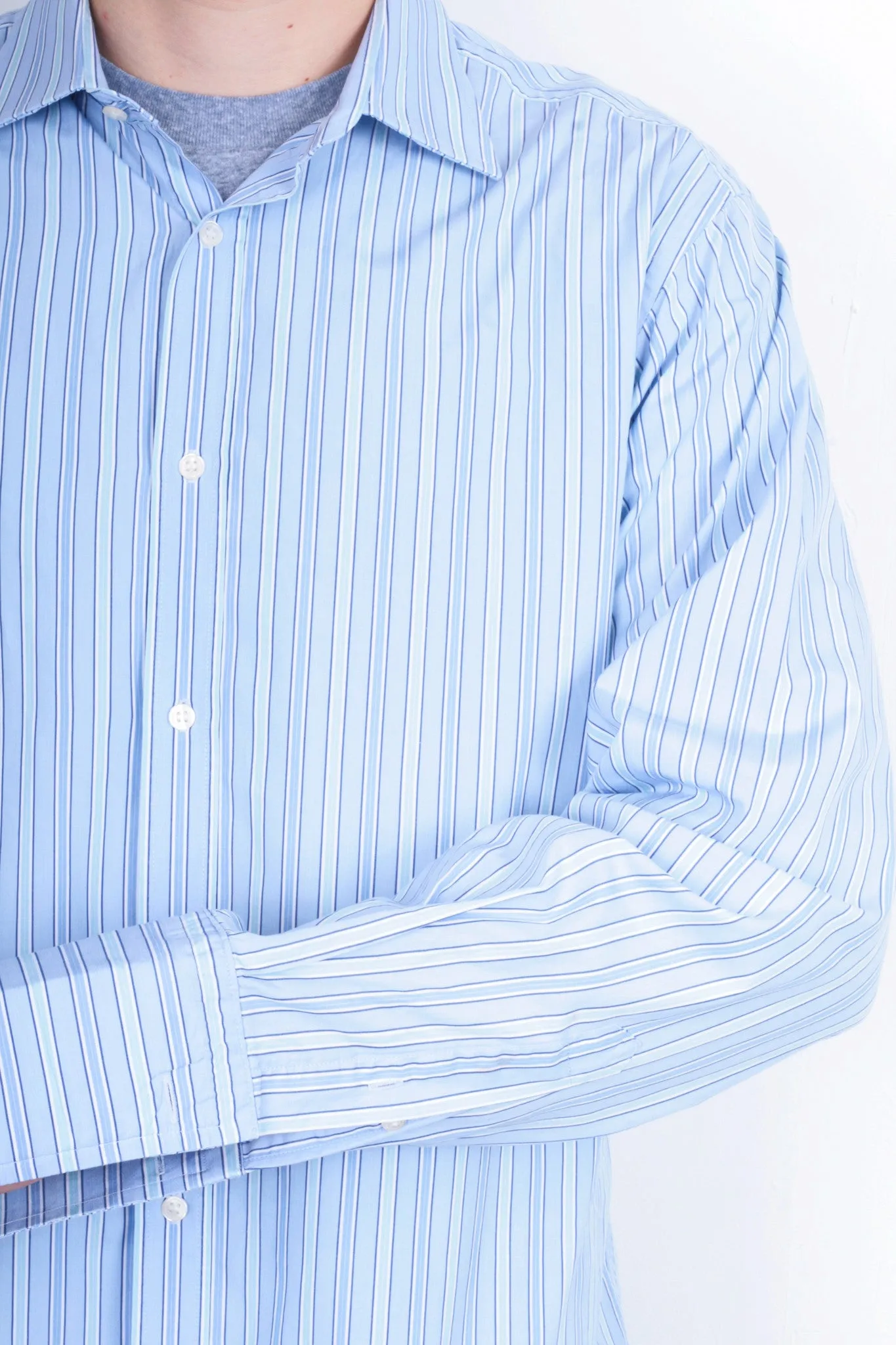 Jaeger Mens 16.5 M Formal Shirt Striped Blue Cotton Slim Fit Cufflinks
