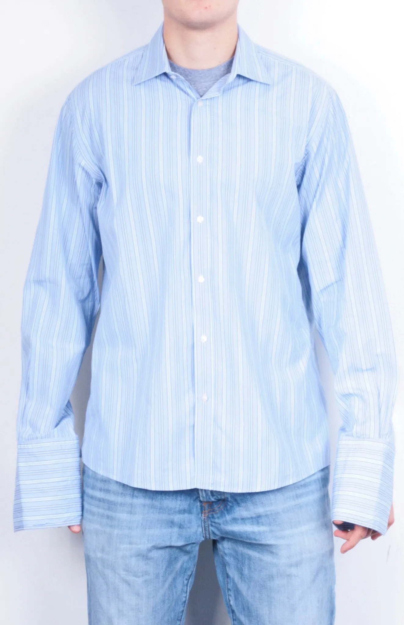 Jaeger Mens 16.5 M Formal Shirt Striped Blue Cotton Slim Fit Cufflinks