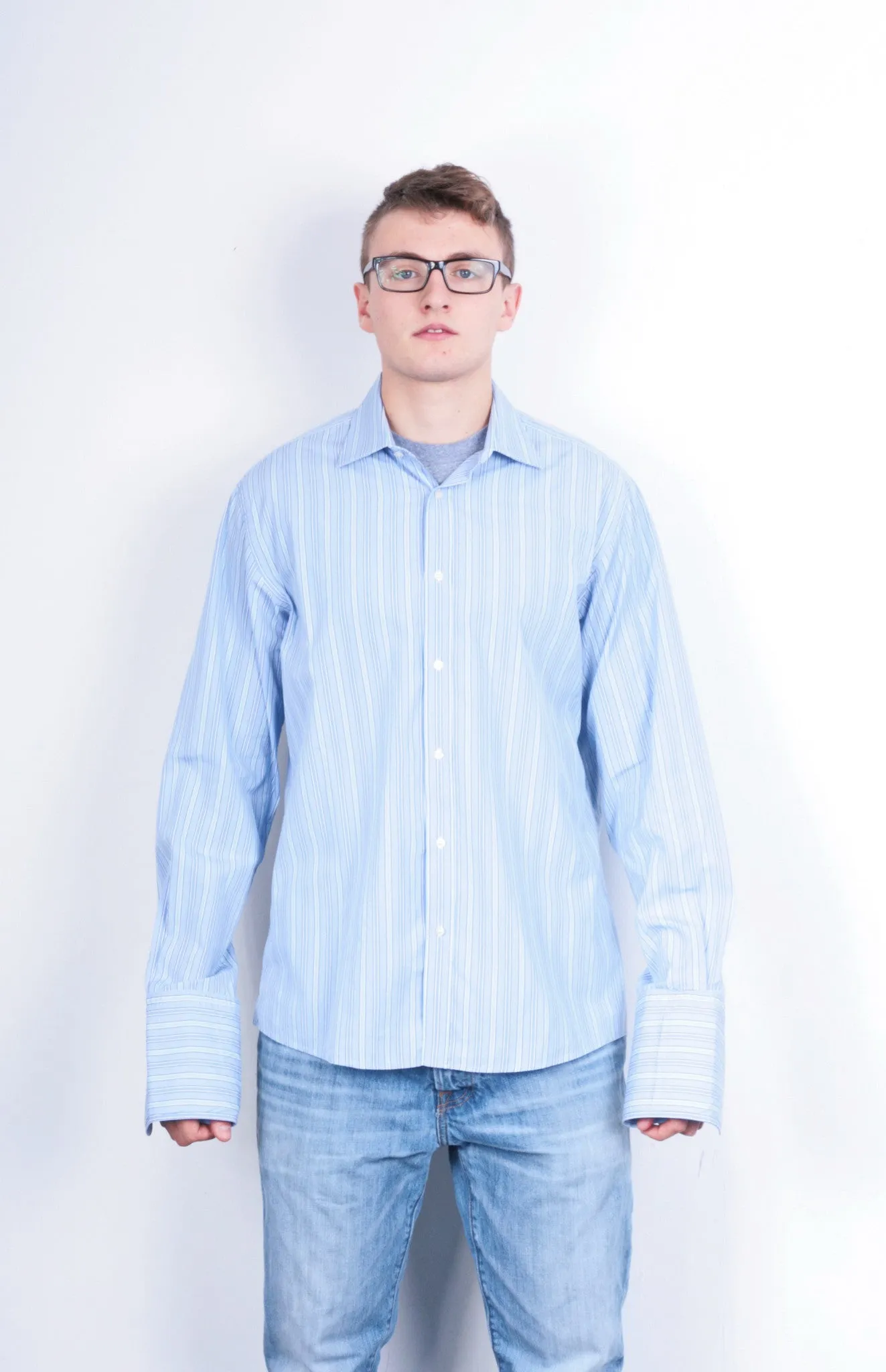 Jaeger Mens 16.5 M Formal Shirt Striped Blue Cotton Slim Fit Cufflinks