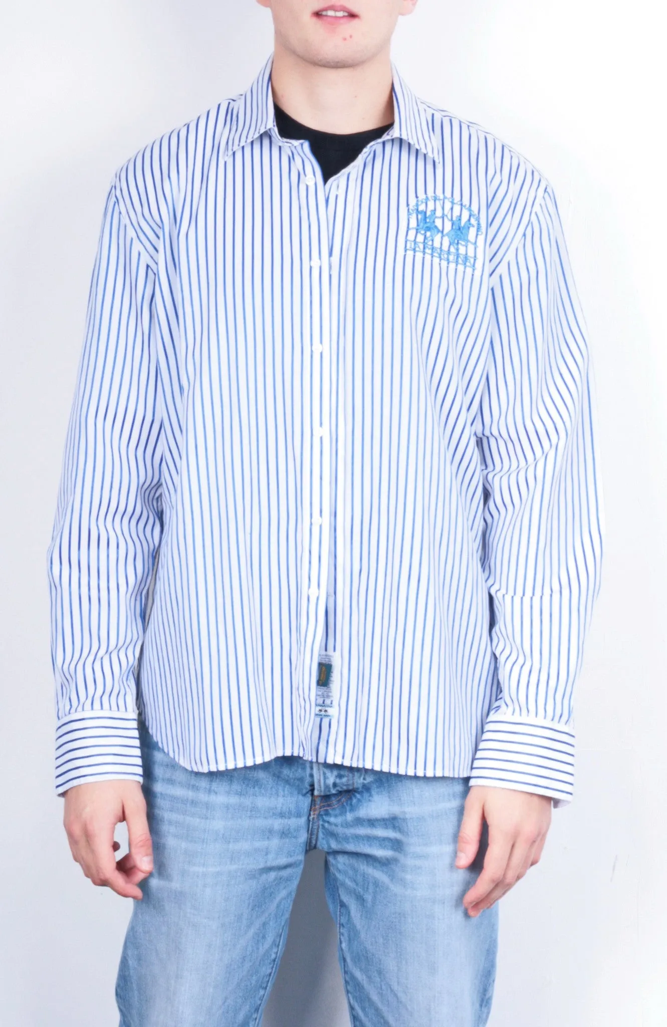 La Martina Mens XXL Casual Shirt Striped White Cotton Blue