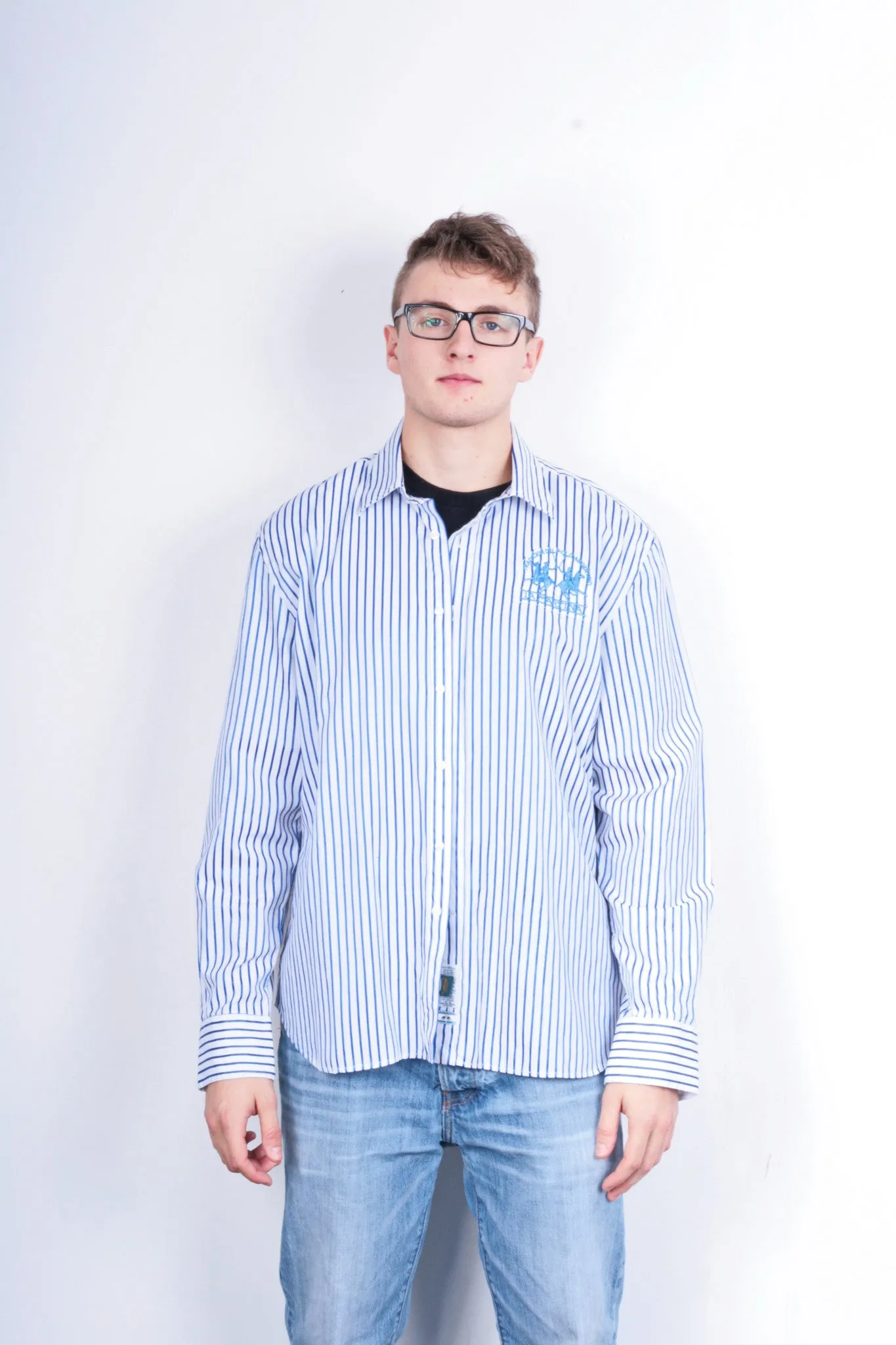 La Martina Mens XXL Casual Shirt Striped White Cotton Blue