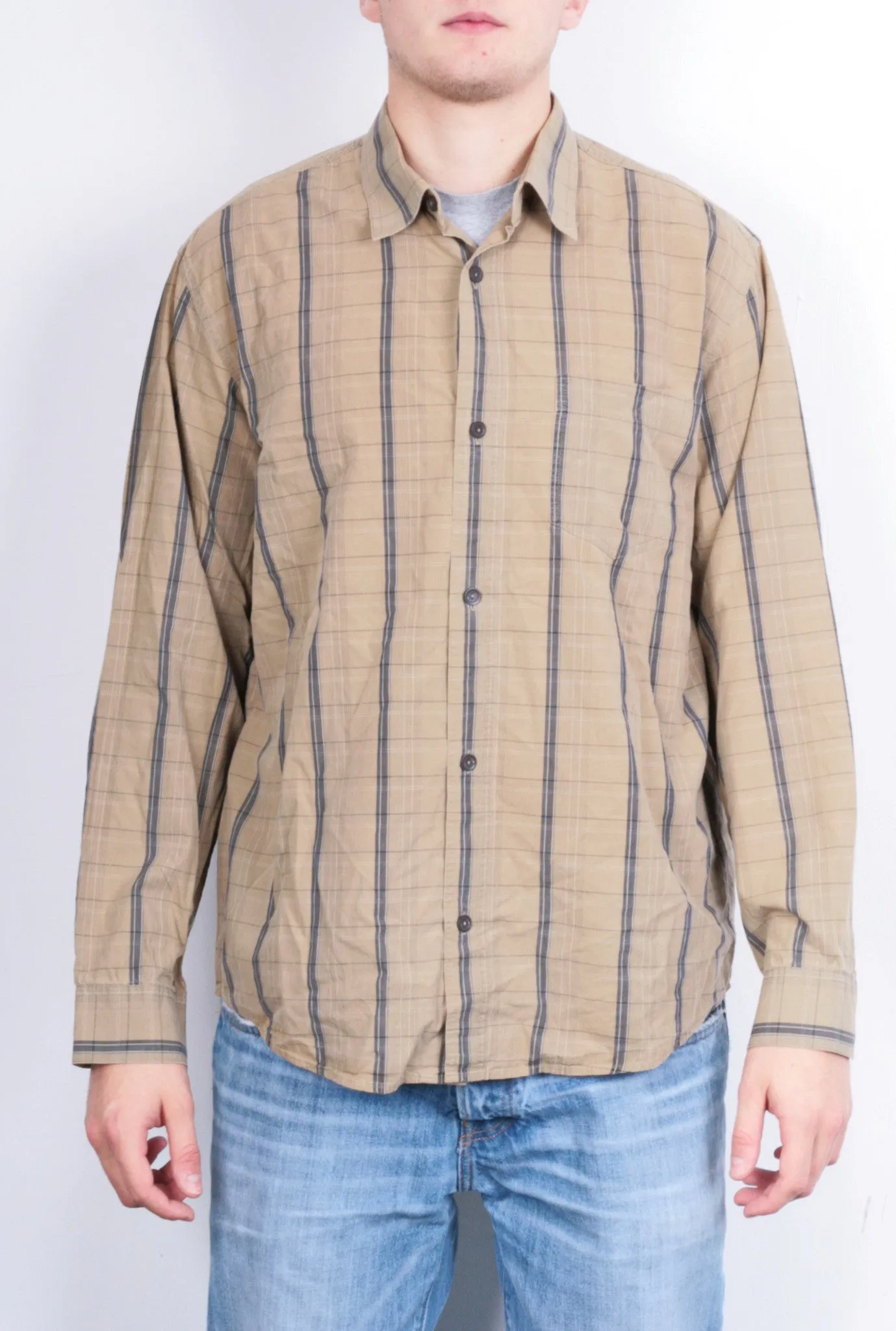 Mexx Mens XL Casual Shirt Check Brown Cotton Buttons Down