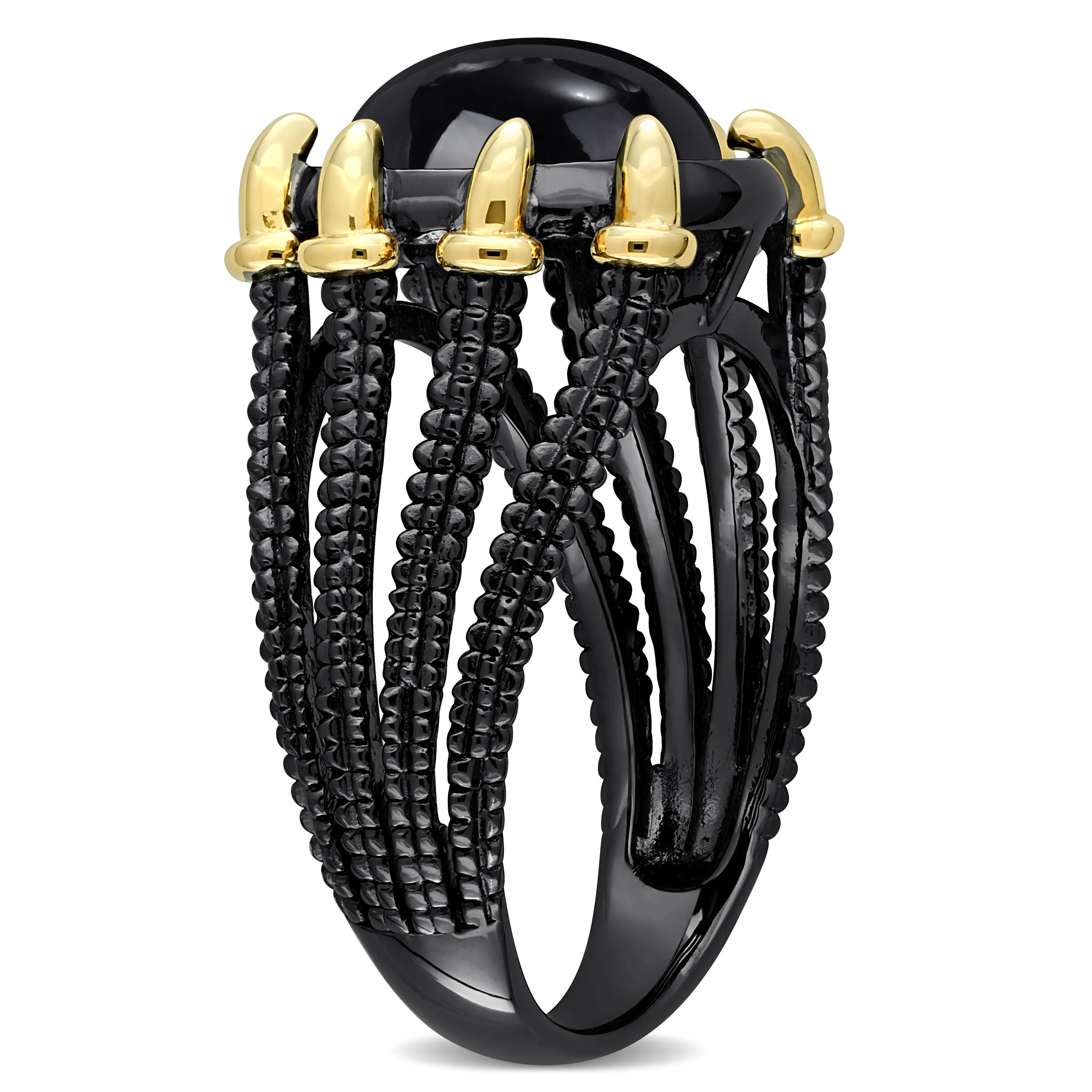 Mimi & Max 6ct TGW Black Agate Roped Split-Shank Men'sl Ring in 2-Tone Yellow and Black Rhodium Plated Sterling Silver