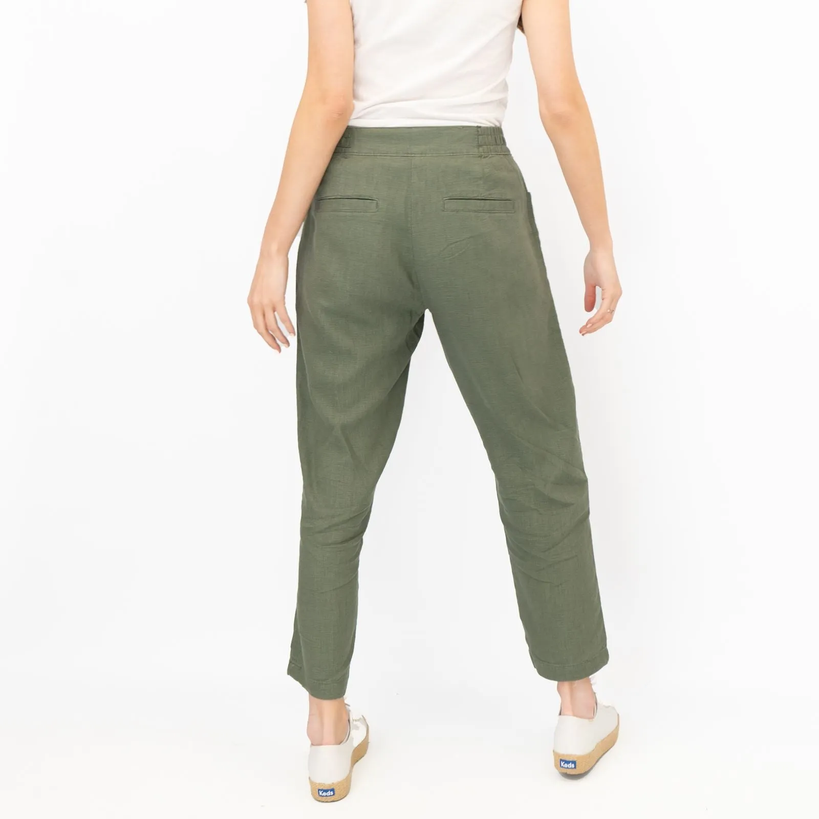 Next Linen Trousers Straight Leg Khaki Green