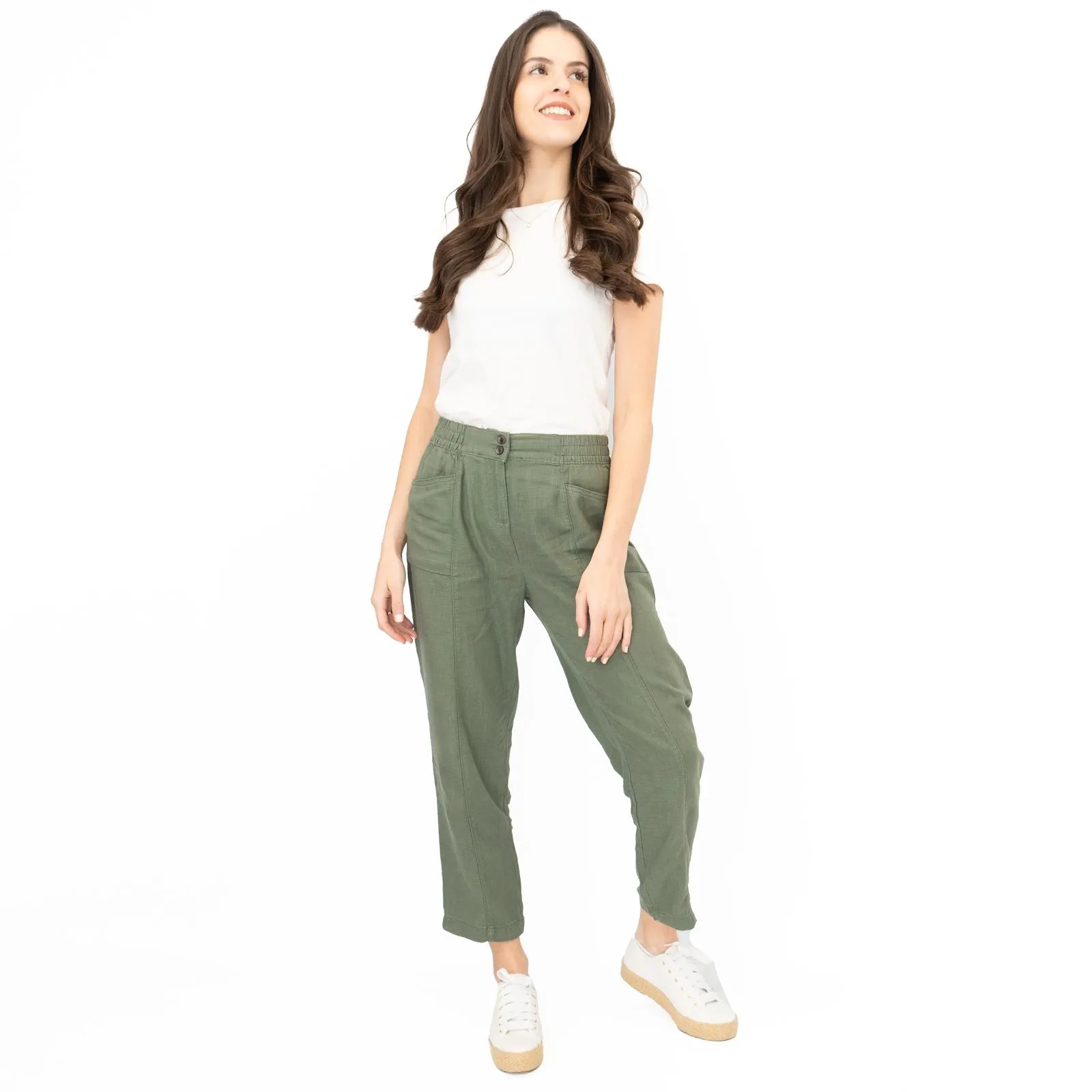 Next Linen Trousers Straight Leg Khaki Green