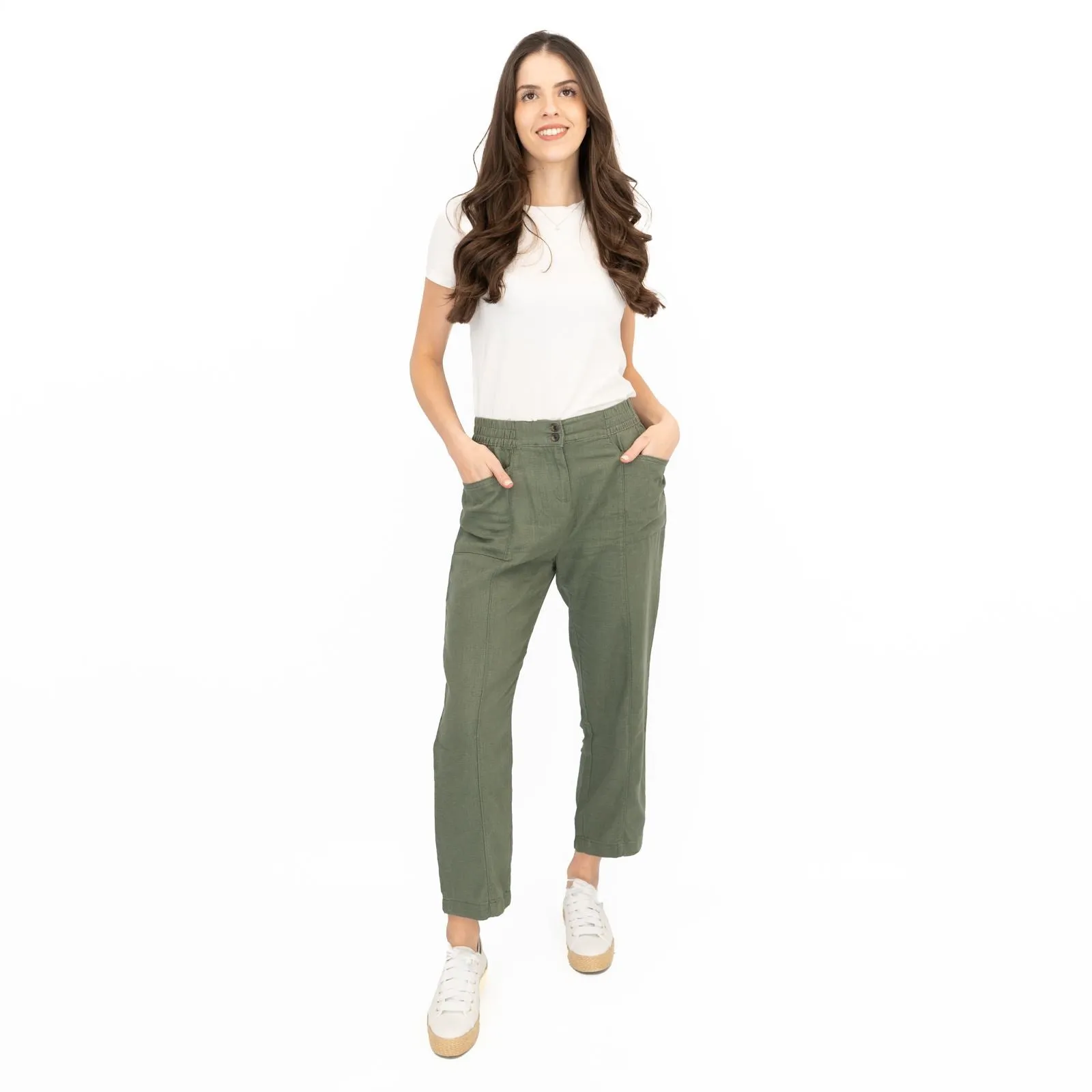 Next Linen Trousers Straight Leg Khaki Green