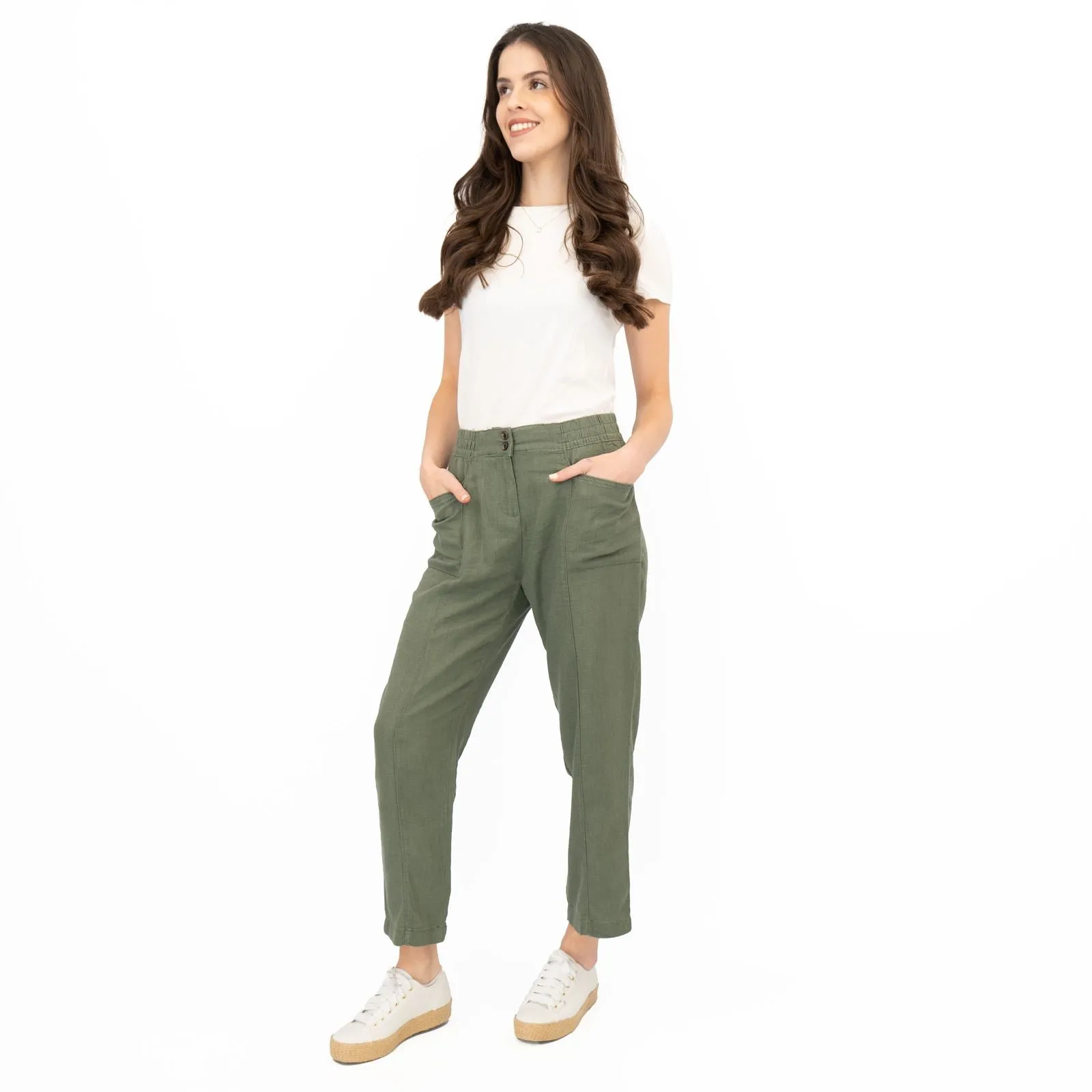 Next Linen Trousers Straight Leg Khaki Green