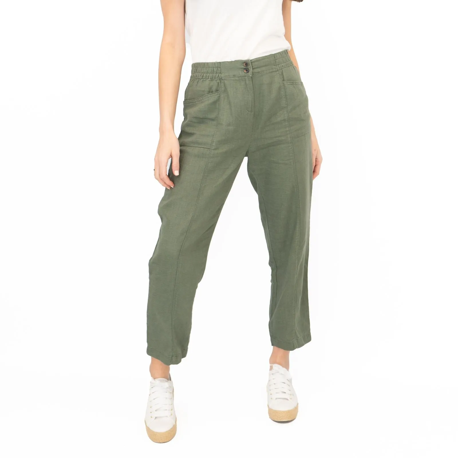 Next Linen Trousers Straight Leg Khaki Green