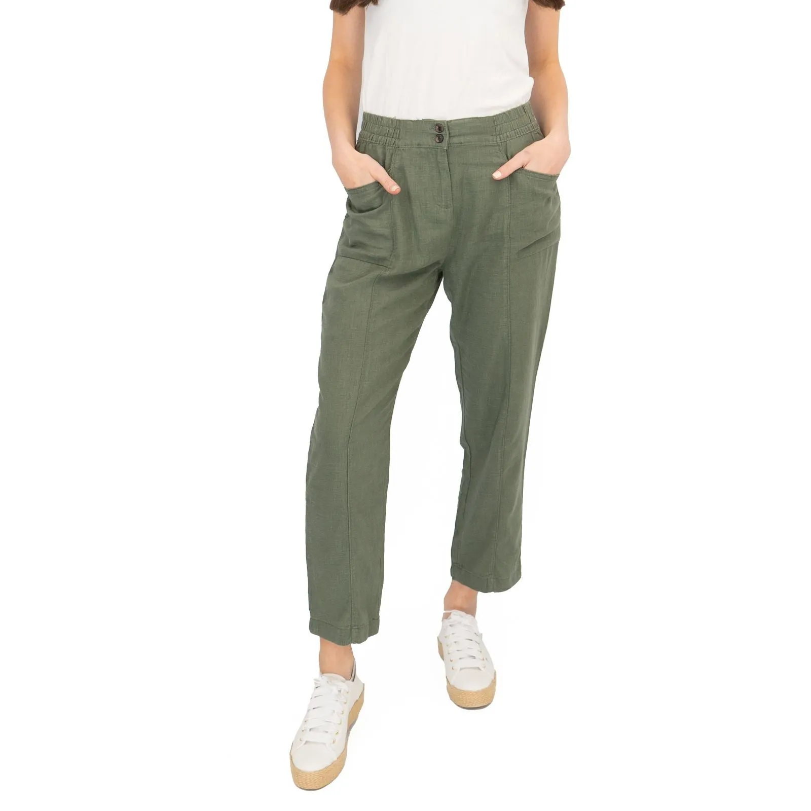 Next Linen Trousers Straight Leg Khaki Green