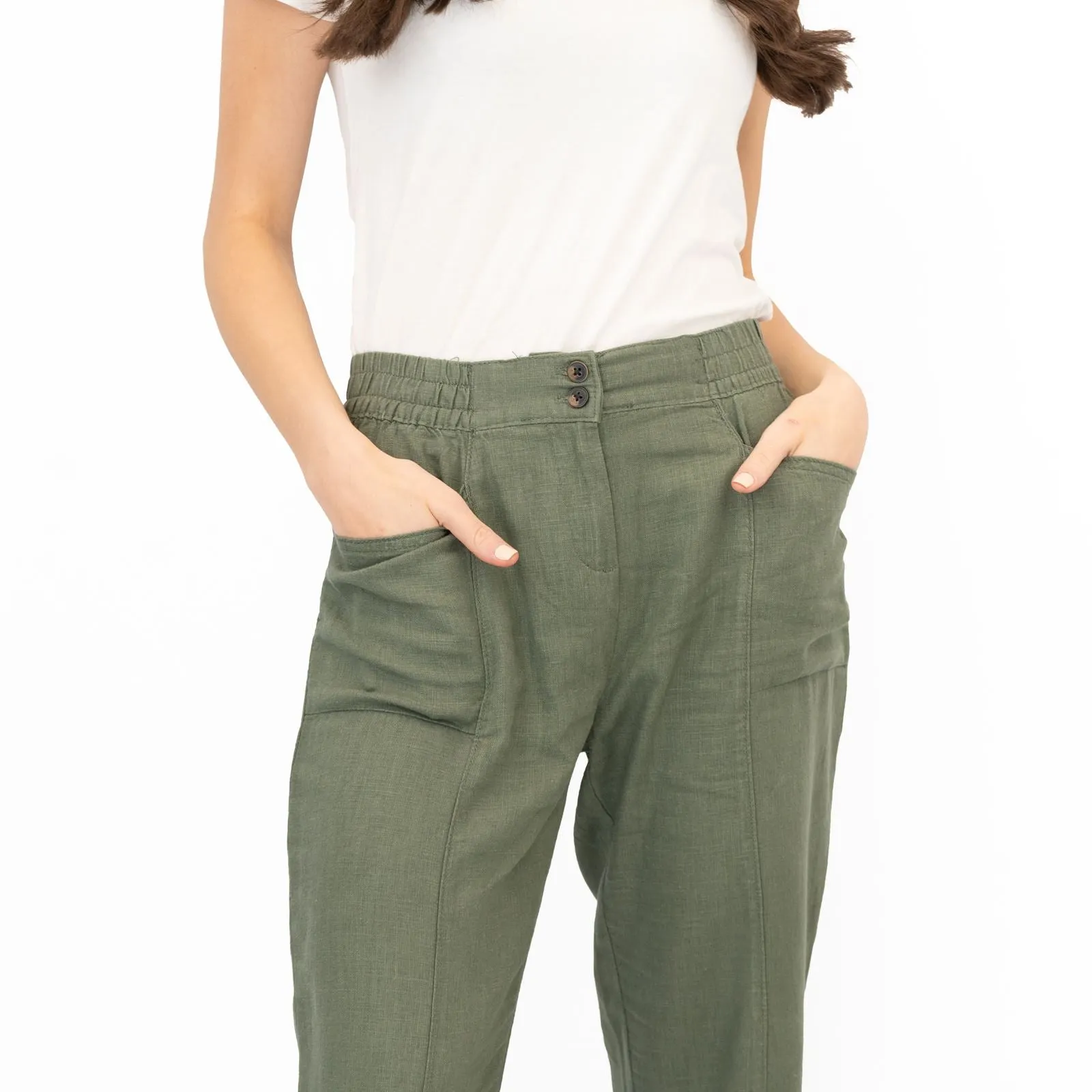 Next Linen Trousers Straight Leg Khaki Green